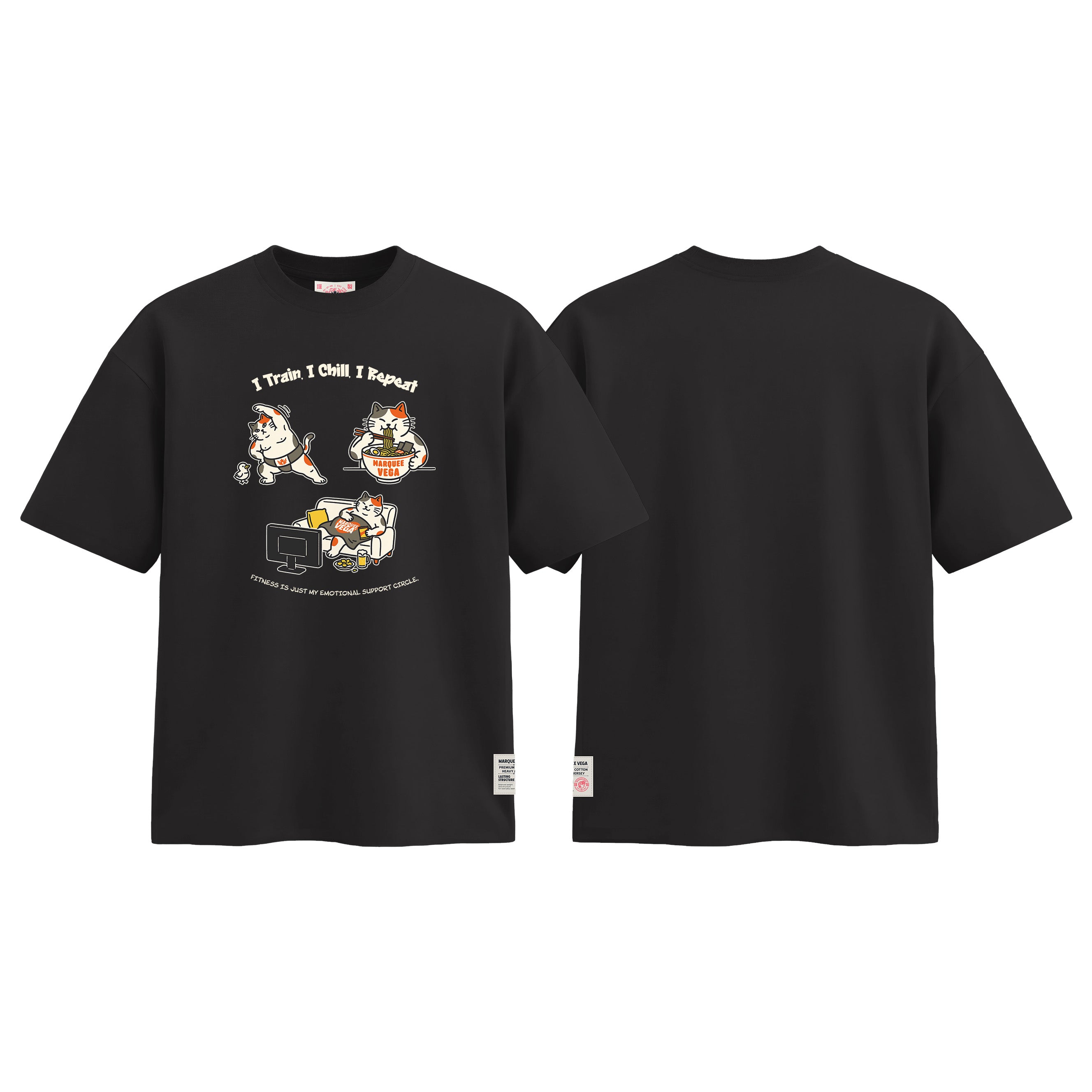 I Train I Chill I Repeat graphic tee colour preview in Vintage Black, shown front and back.