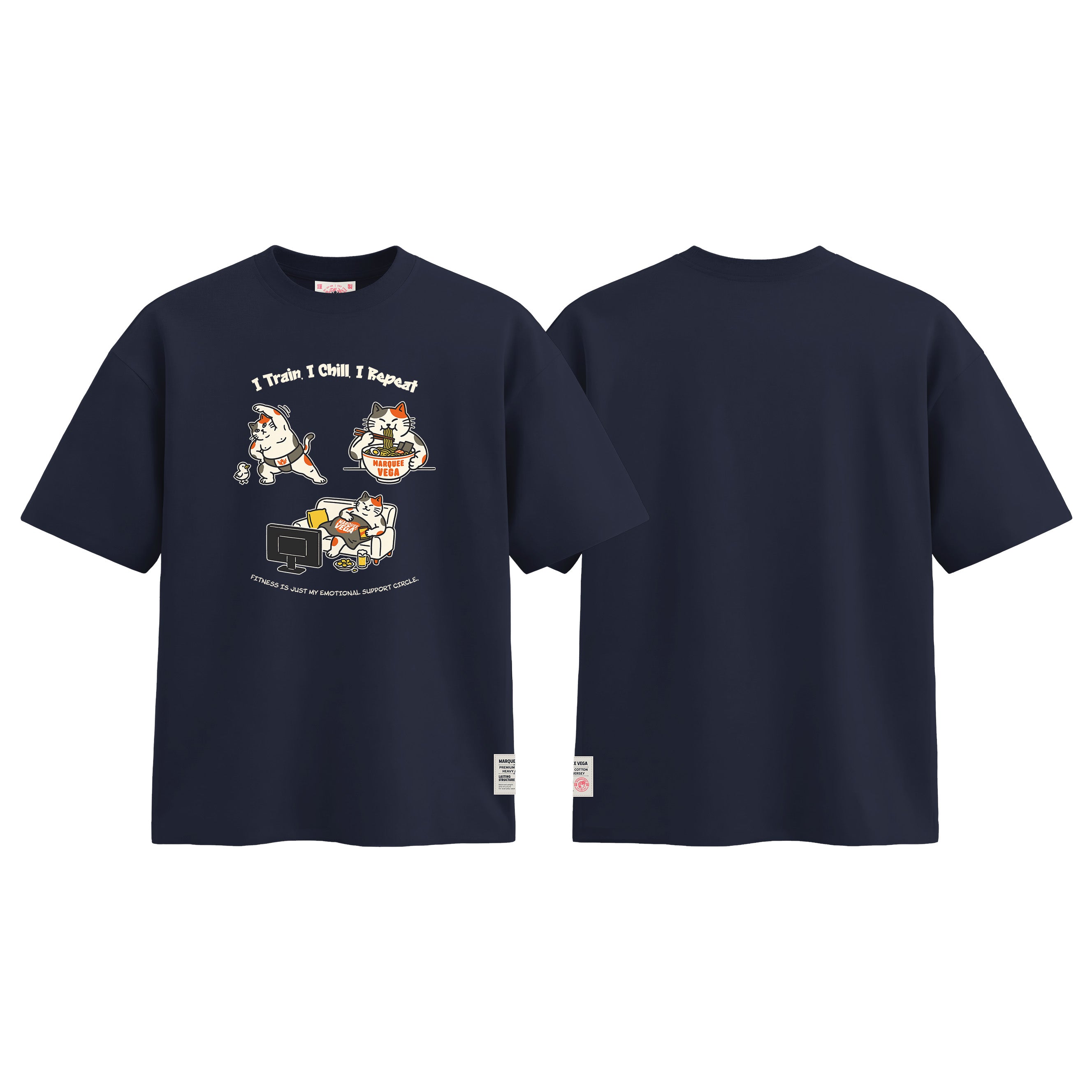I Train I Chill I Repeat graphic tee colour preview in Navy Blue, shown front and back.