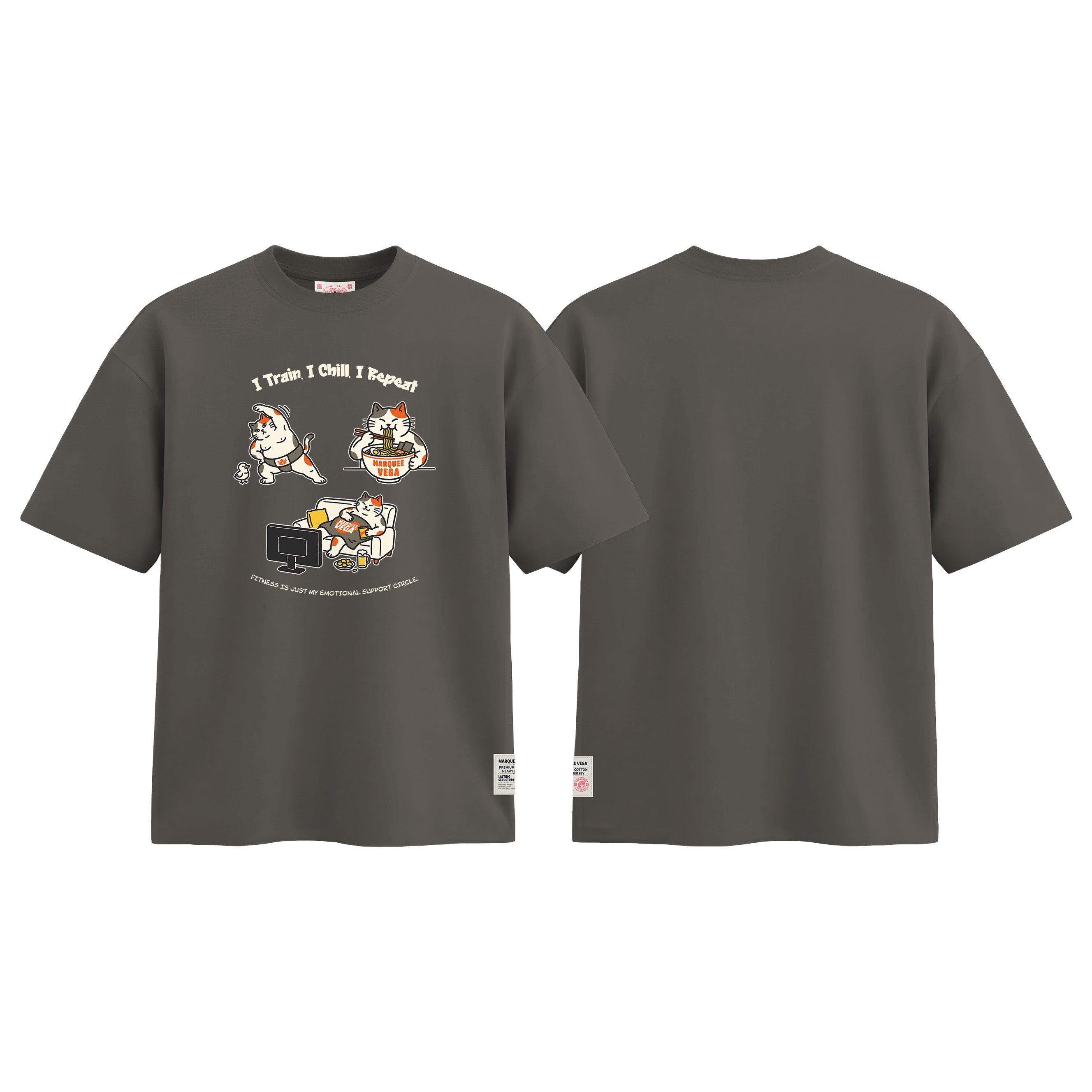 I Train I Chill I Repeat graphic tee colour preview in Charcoal Grey, shown front and back.