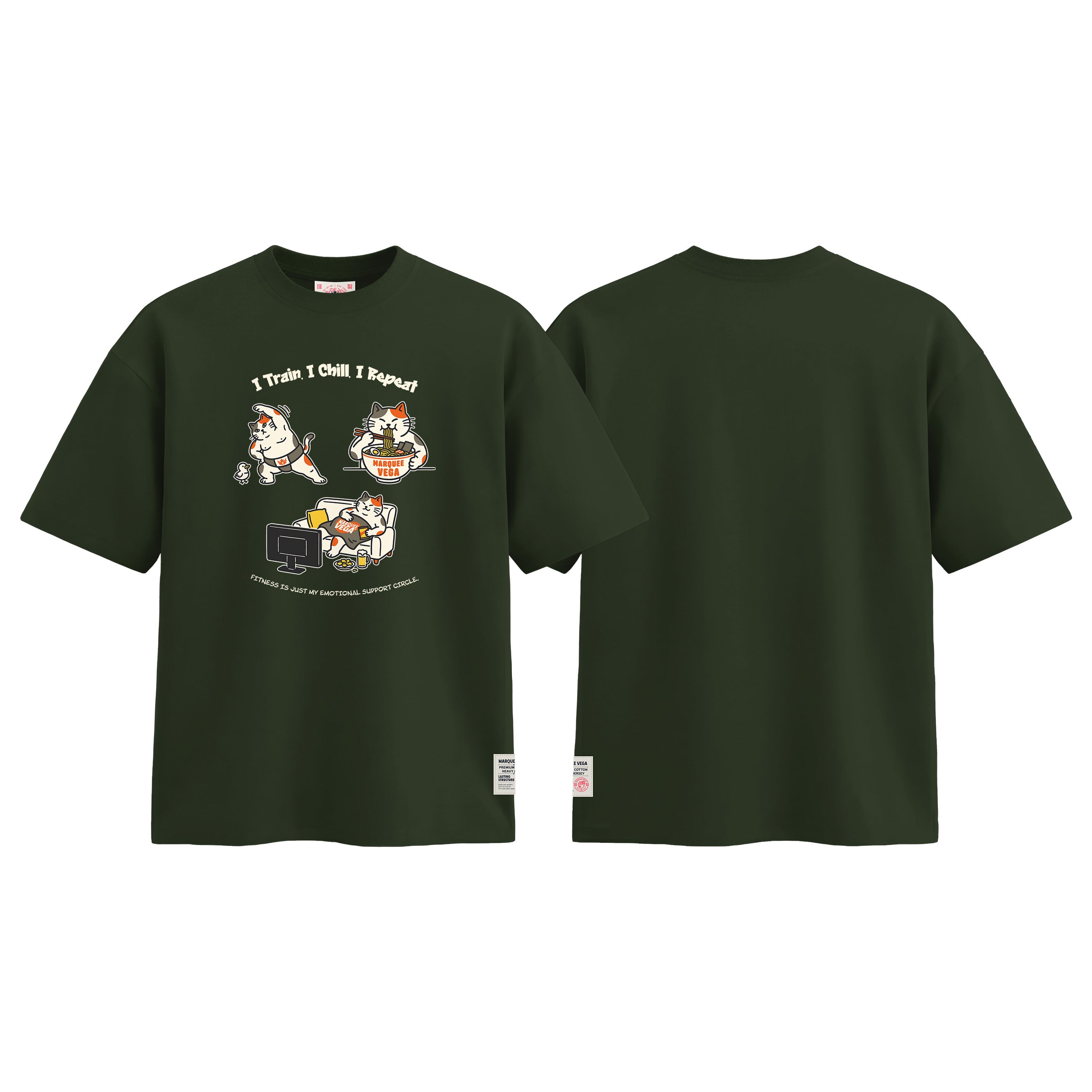 I Train I Chill I Repeat graphic tee colour preview in Racing Green, shown front and back.