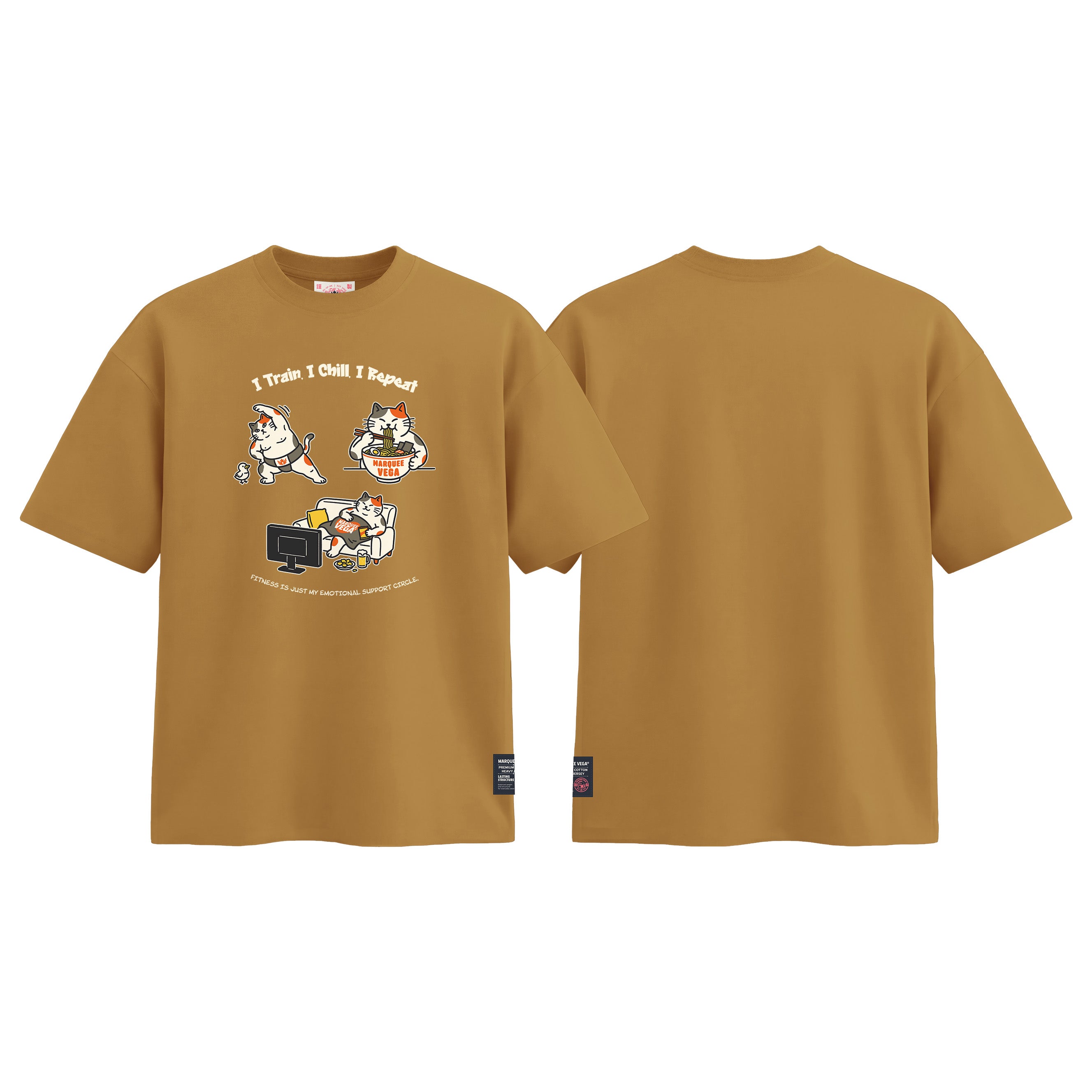 I Train I Chill I Repeat graphic tee colour preview in Mustard Yellow, shown front and back.