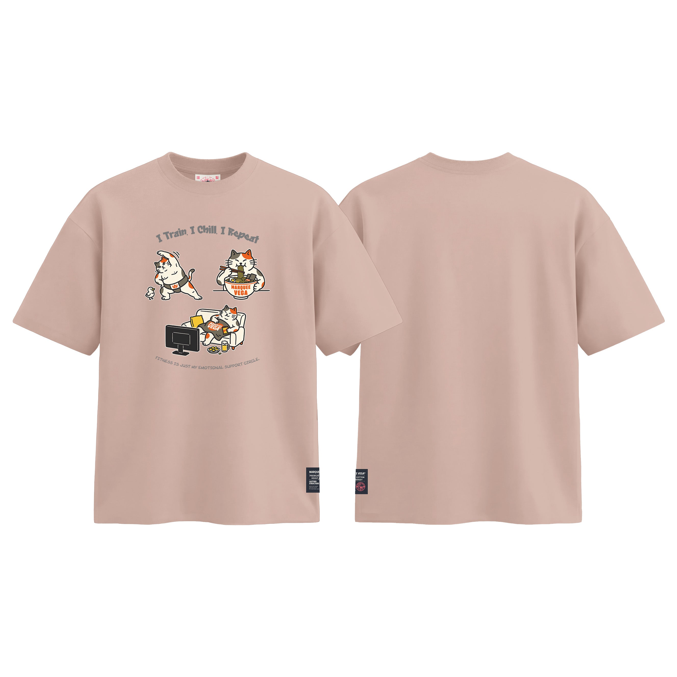 I Train I Chill I Repeat graphic tee colour preview in Dirty Pink, shown front and back.