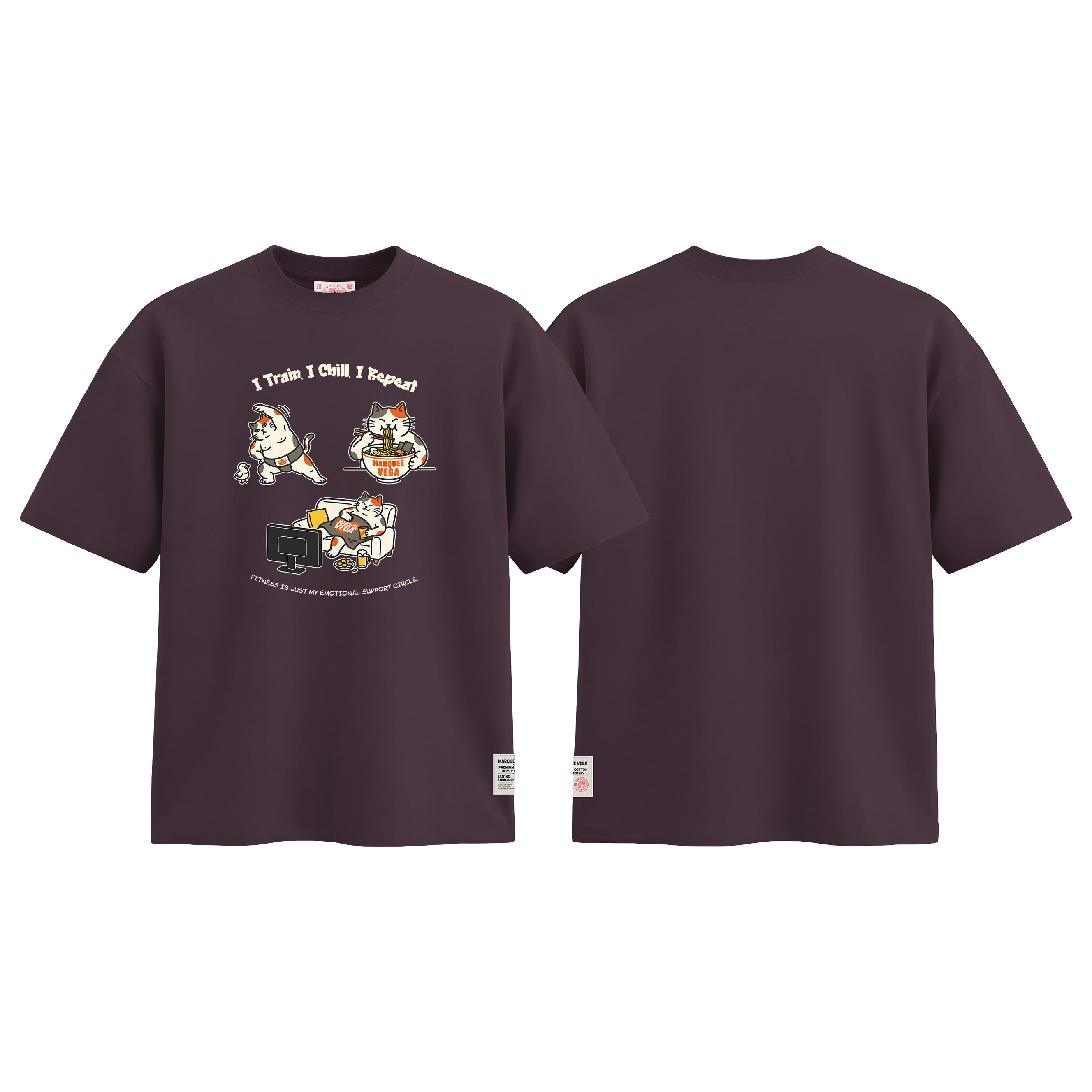 I Train I Chill I Repeat graphic tee colour preview in Dark Plum, shown front and back.