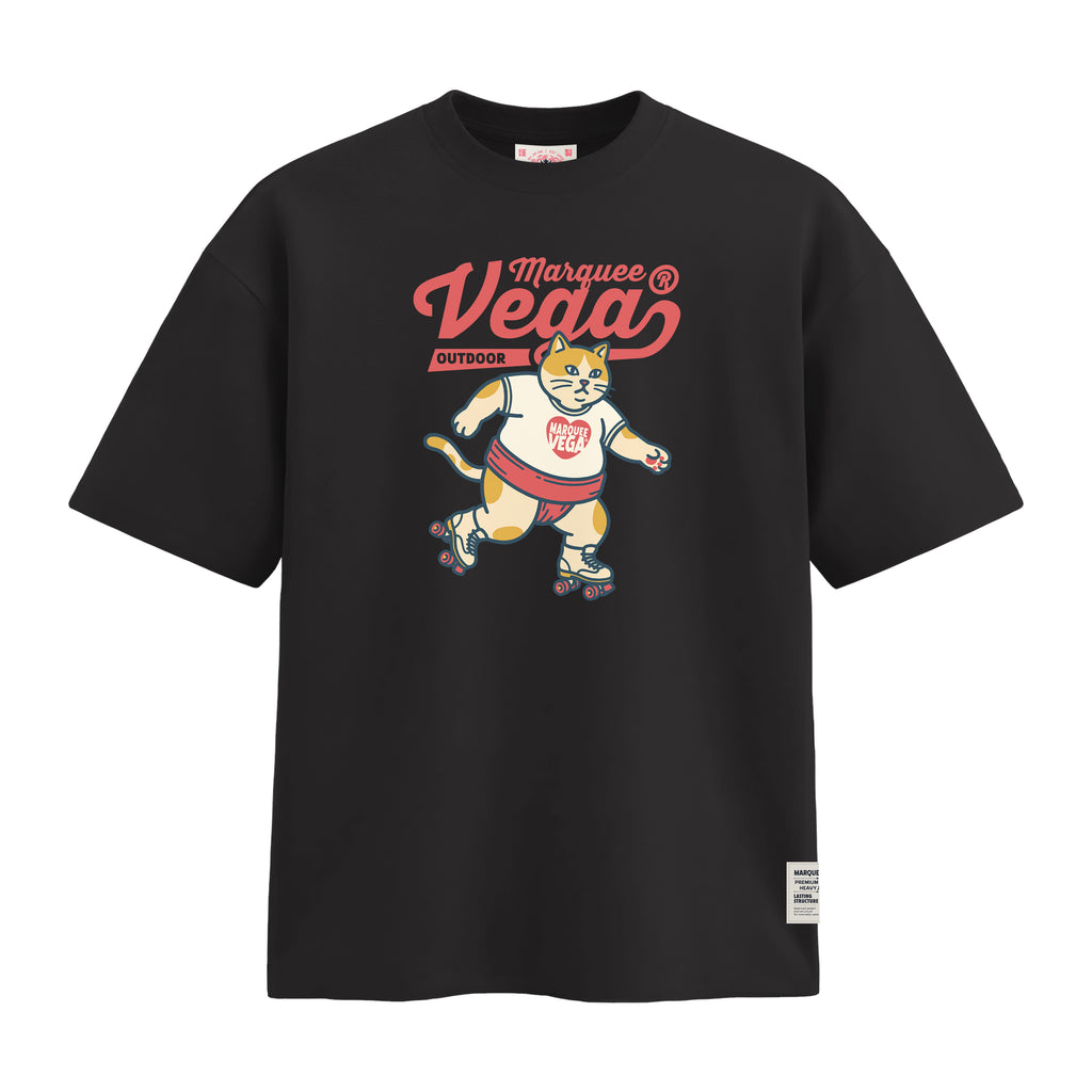 Vega Outdoor Roller Cat heavyweight loose fit graphic tee artwork on Vintage Black by Marquee Vega.