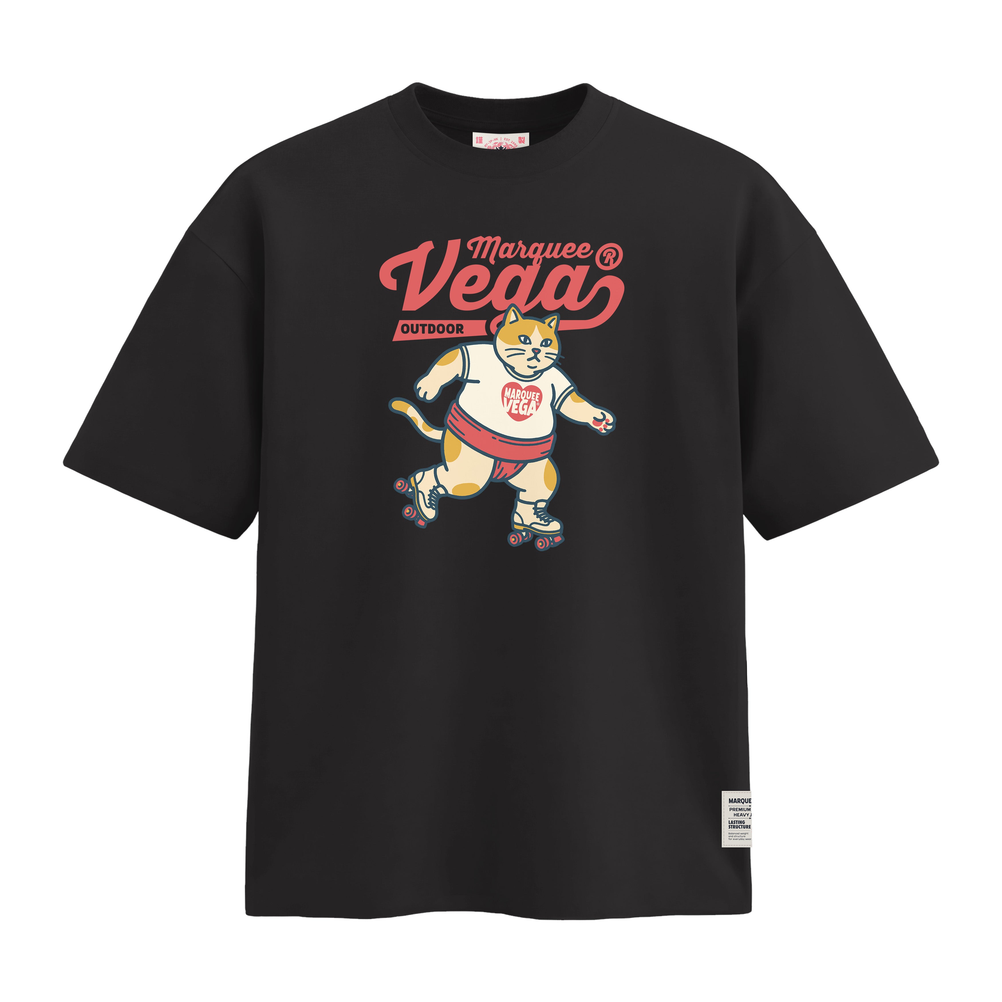 Vega Outdoor Roller Cat heavyweight loose fit graphic tee artwork on Vintage Black by Marquee Vega.