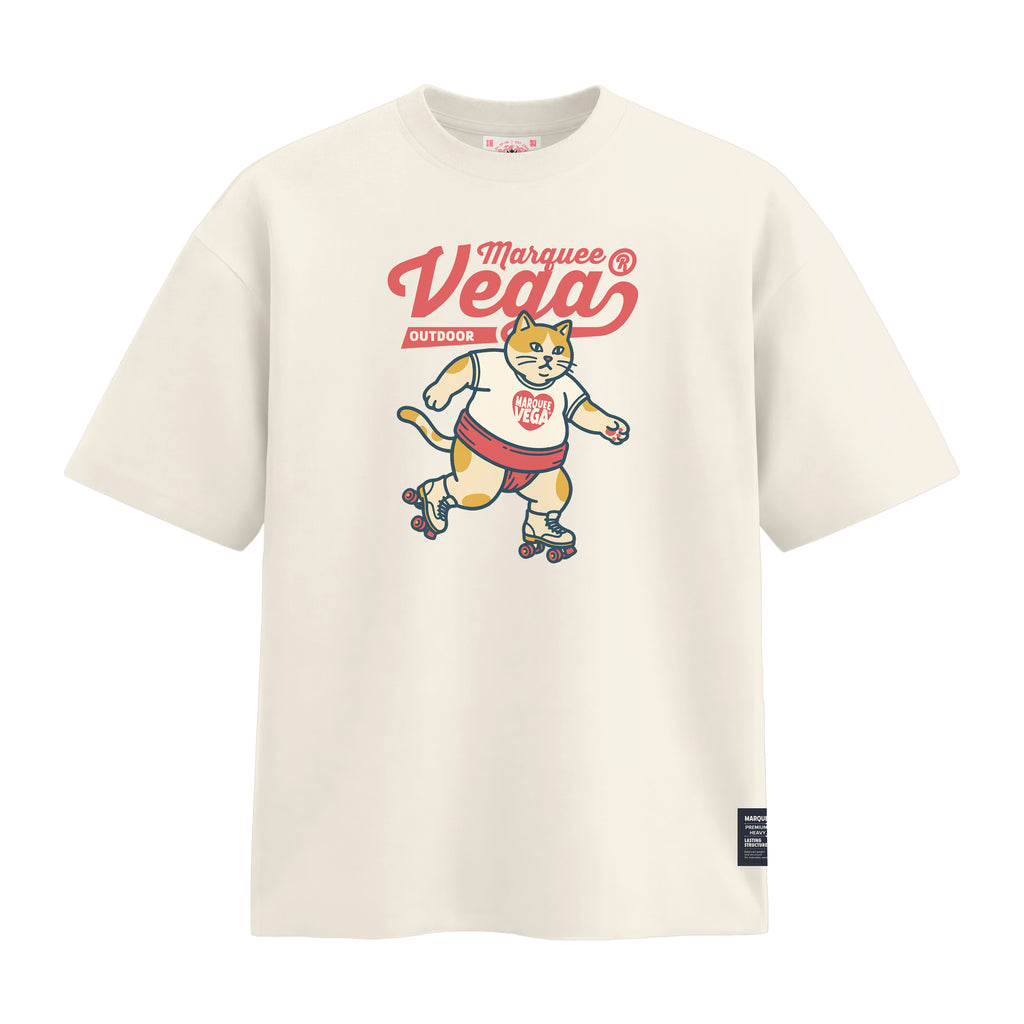 Vega Outdoor Roller Cat heavyweight loose fit graphic tee artwork on Off White by Marquee Vega.