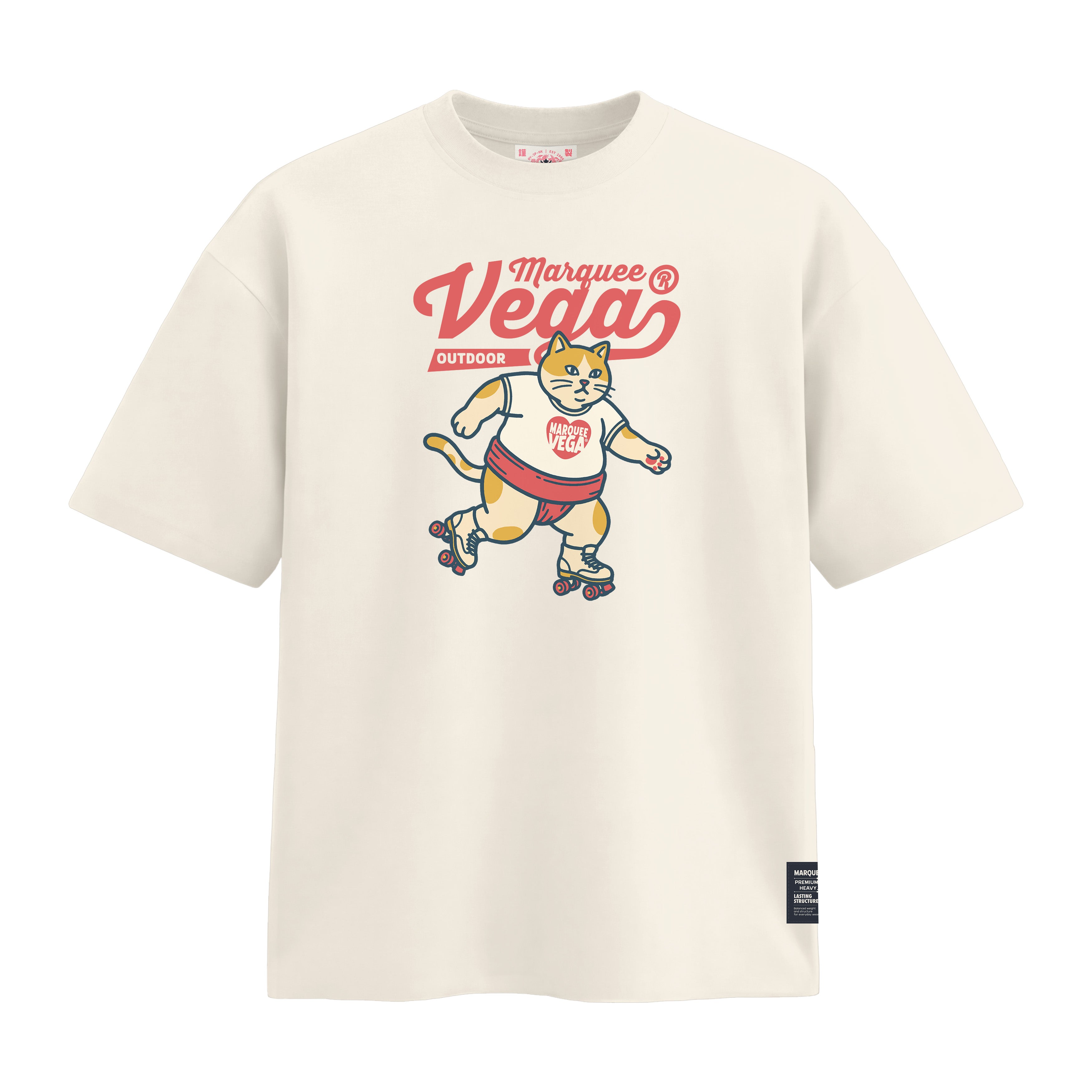 Vega Outdoor Roller Cat heavyweight loose fit graphic tee artwork on Off White by Marquee Vega.