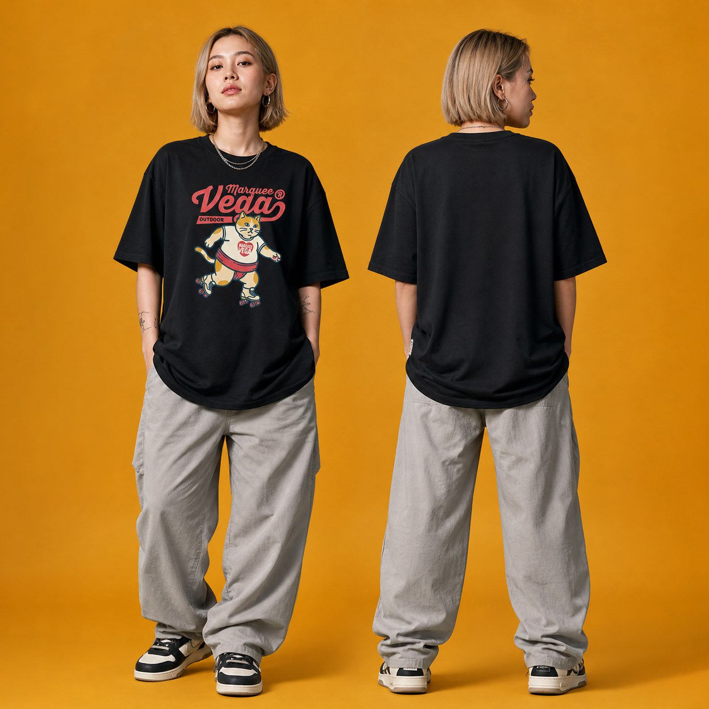 Model wearing the Vega Outdoor Roller Cat heavyweight loose fit graphic tee in Vintage Black, shown in styled product photography.