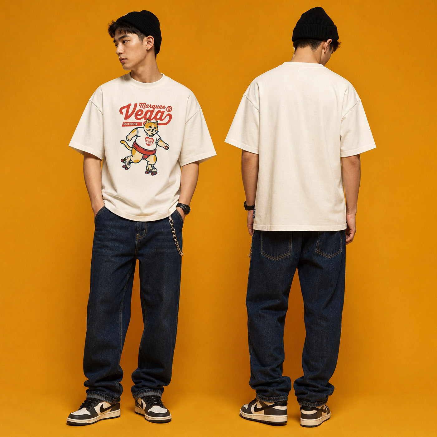 Model wearing the Vega Outdoor Roller Cat heavyweight loose fit graphic tee in Off White, shown in styled product photography.