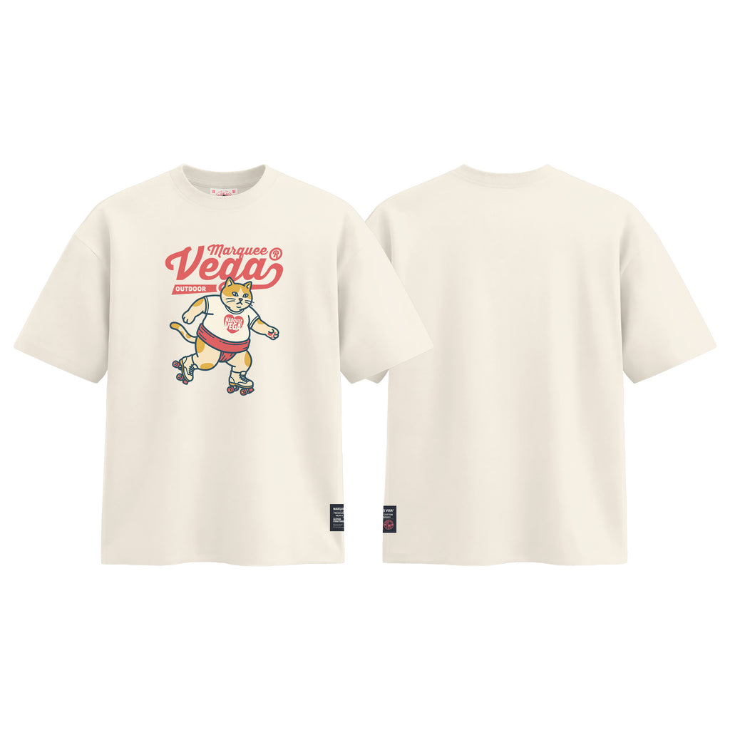 Vega Outdoor Roller Cat graphic tee colour preview in Off White, shown front and back.