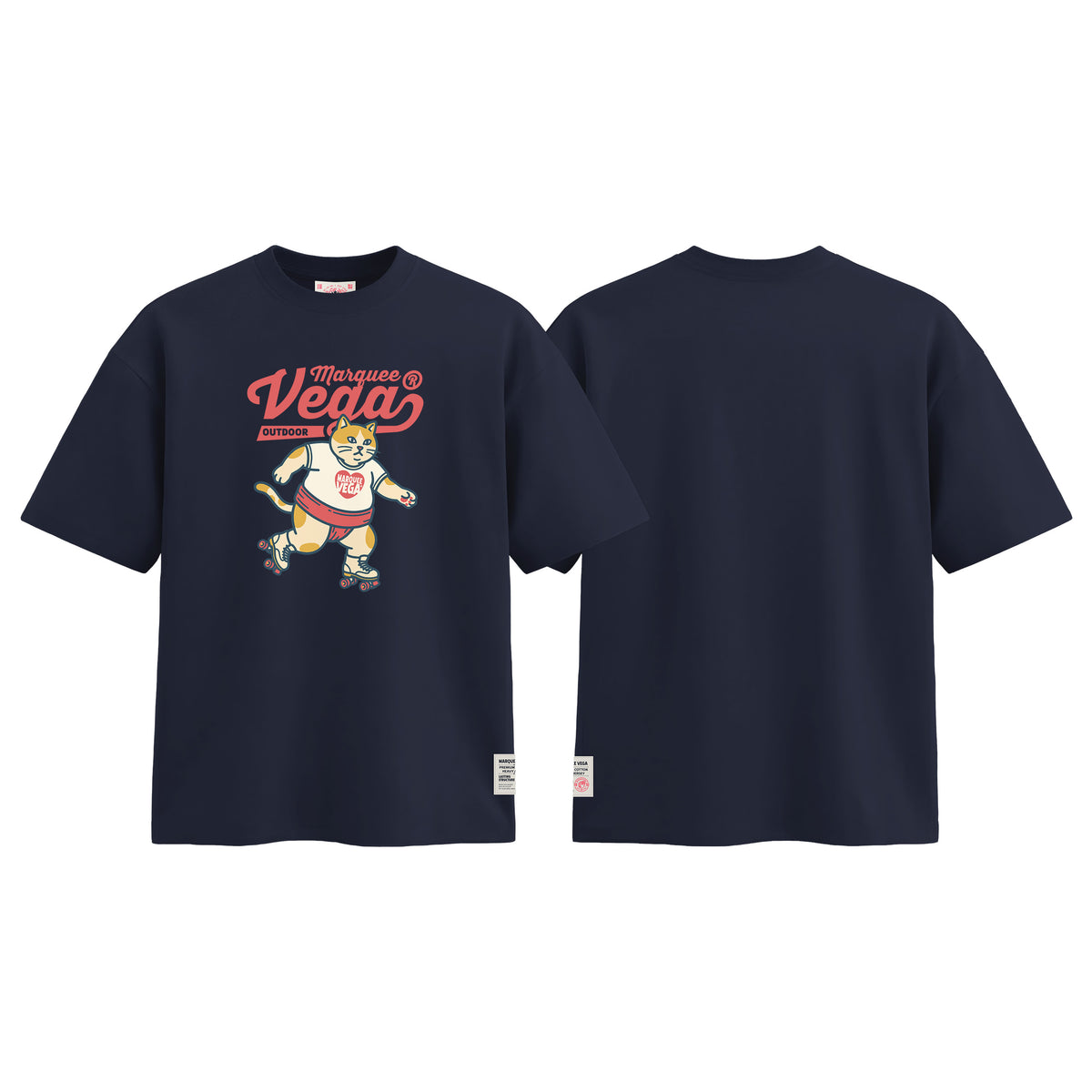 Vega Outdoor Roller Cat graphic tee colour preview in Navy Blue, shown front and back.