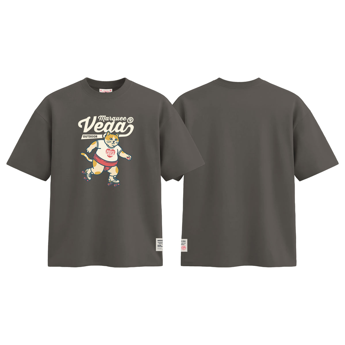 Vega Outdoor Roller Cat graphic tee colour preview in Charcoal Grey, shown front and back.