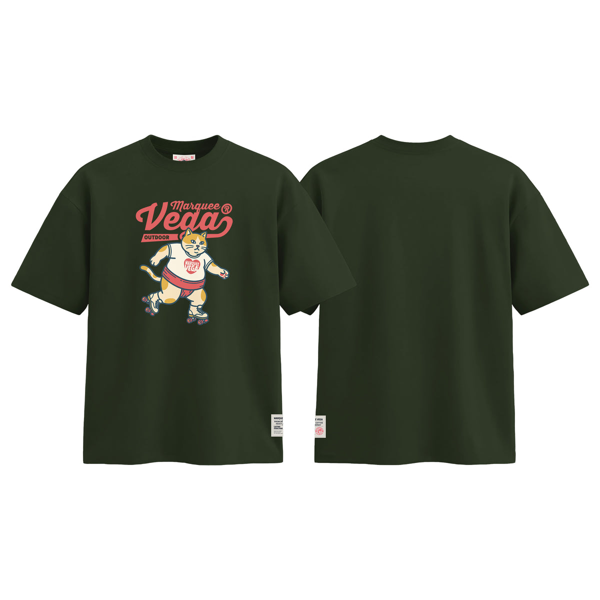 Vega Outdoor Roller Cat graphic tee colour preview in Racing Green, shown front and back.