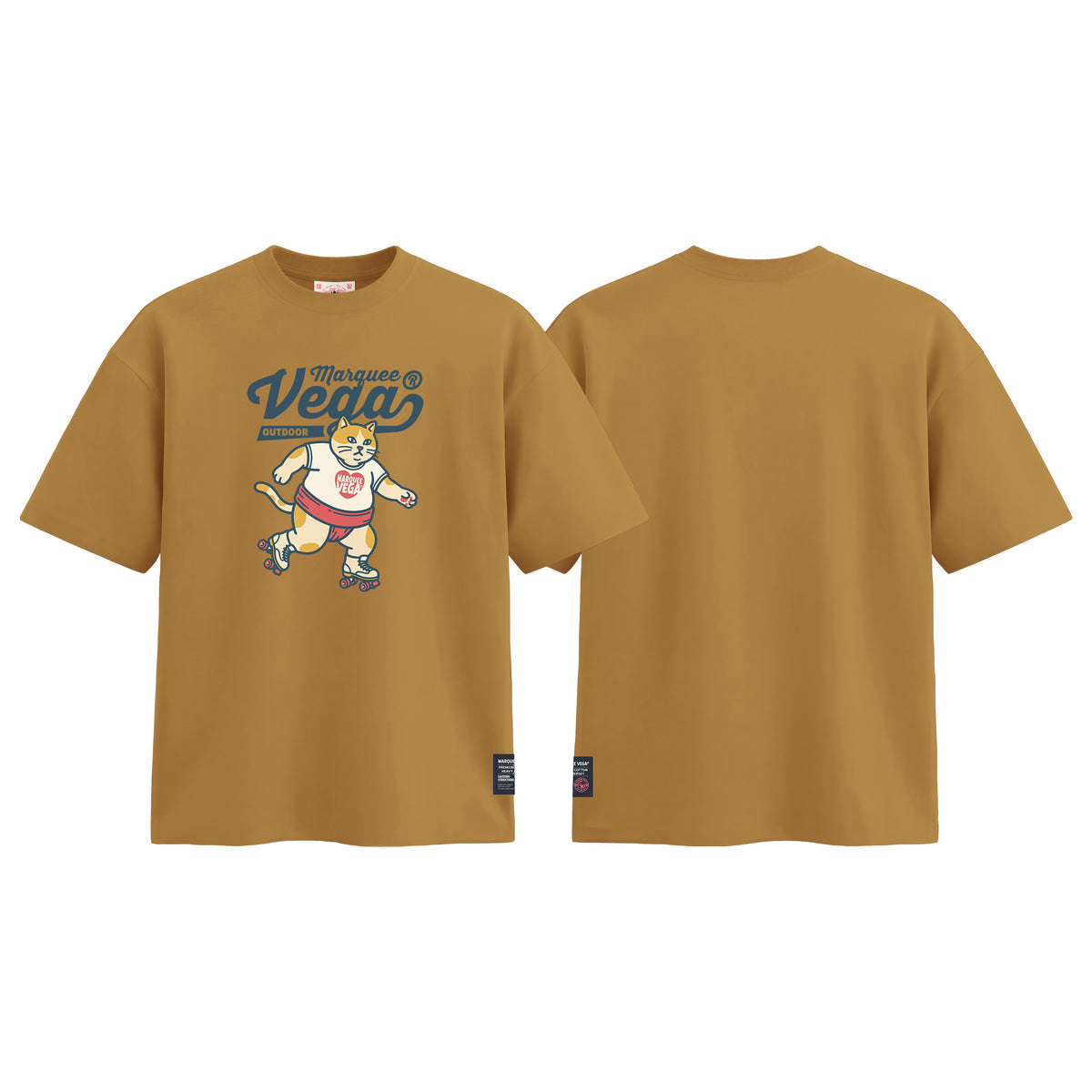 Vega Outdoor Roller Cat graphic tee colour preview in Mustard Yellow, shown front and back.