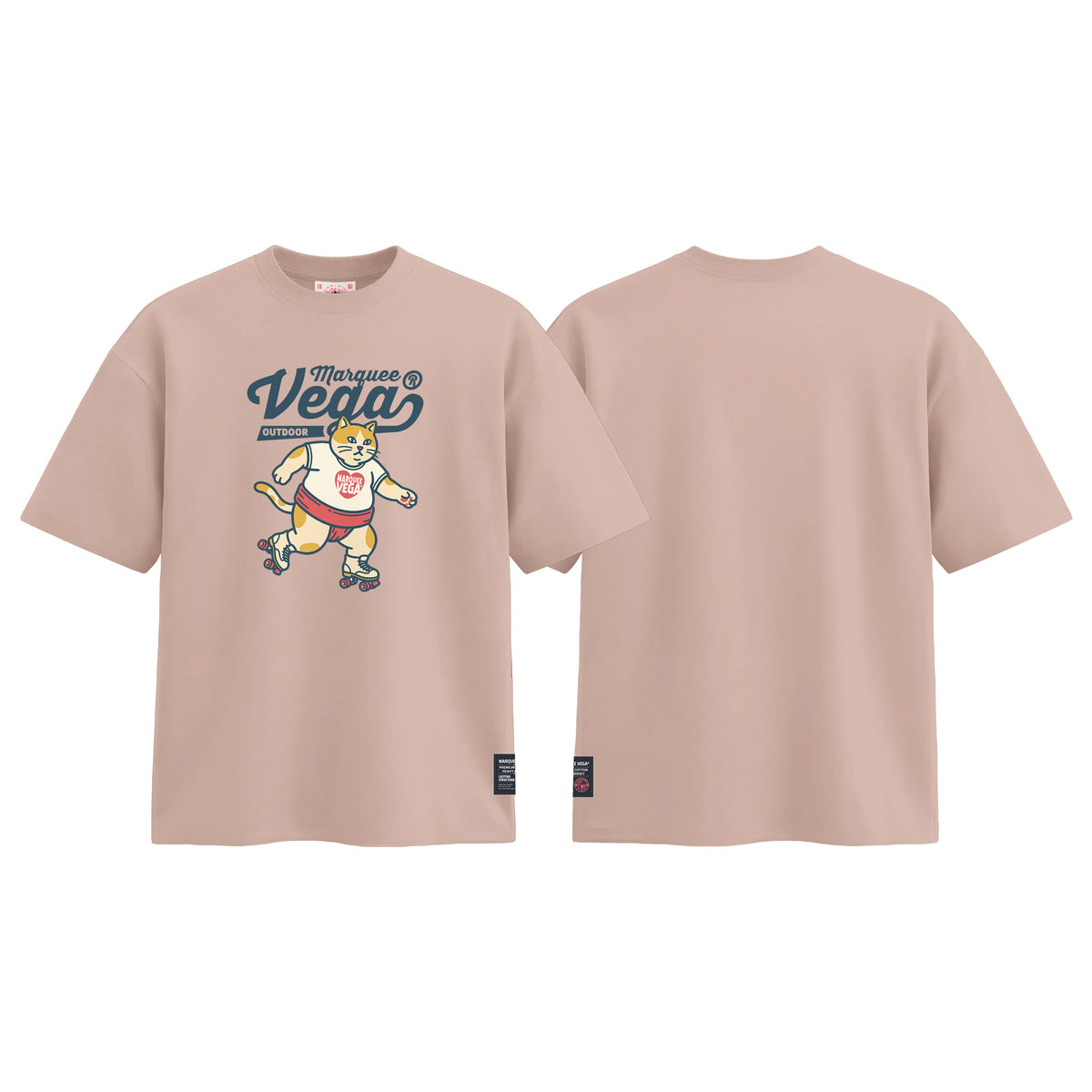 Vega Outdoor Roller Cat graphic tee colour preview in Dirty Pink, shown front and back.