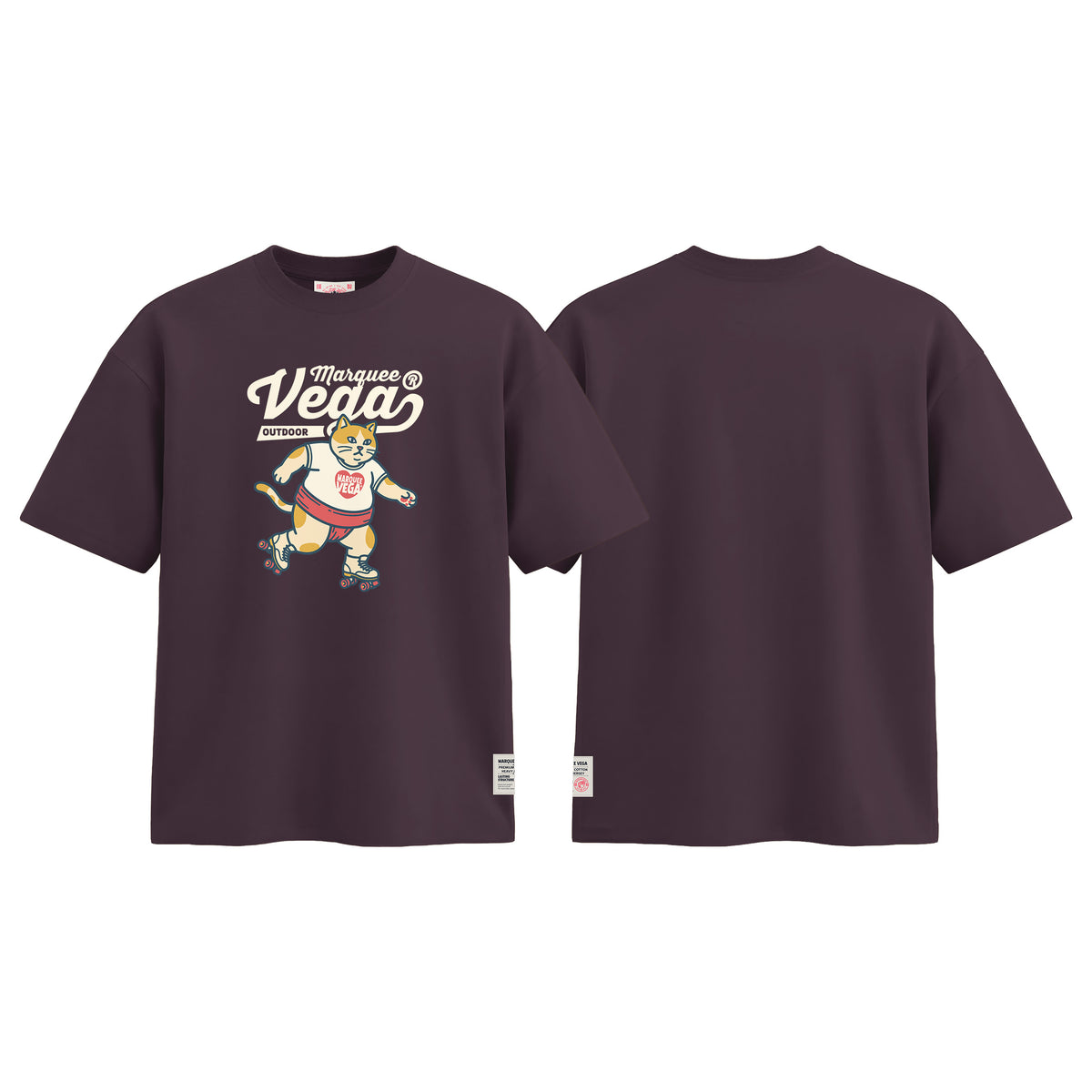 Vega Outdoor Roller Cat graphic tee colour preview in Dark Plum, shown front and back.