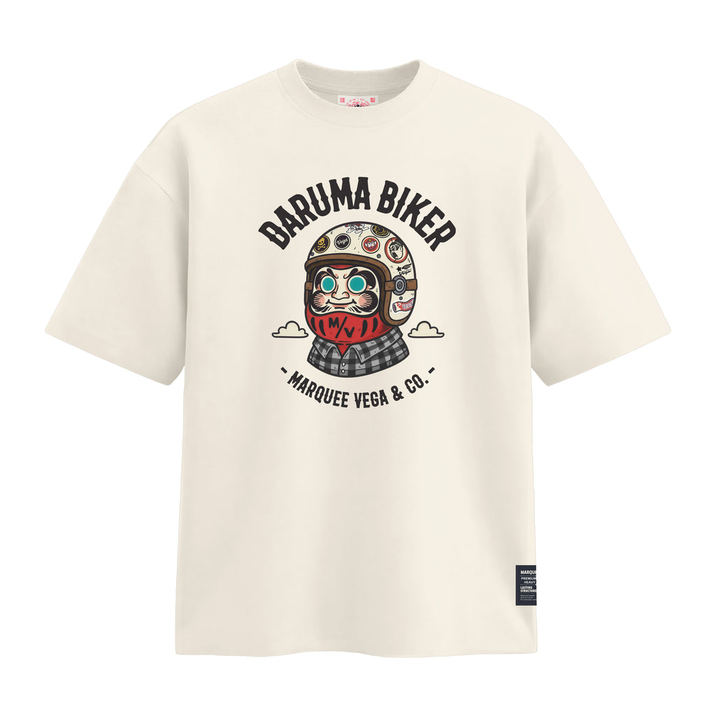 Daruma Biker heavyweight loose fit graphic tee front artwork on Off White by Marquee Vega.