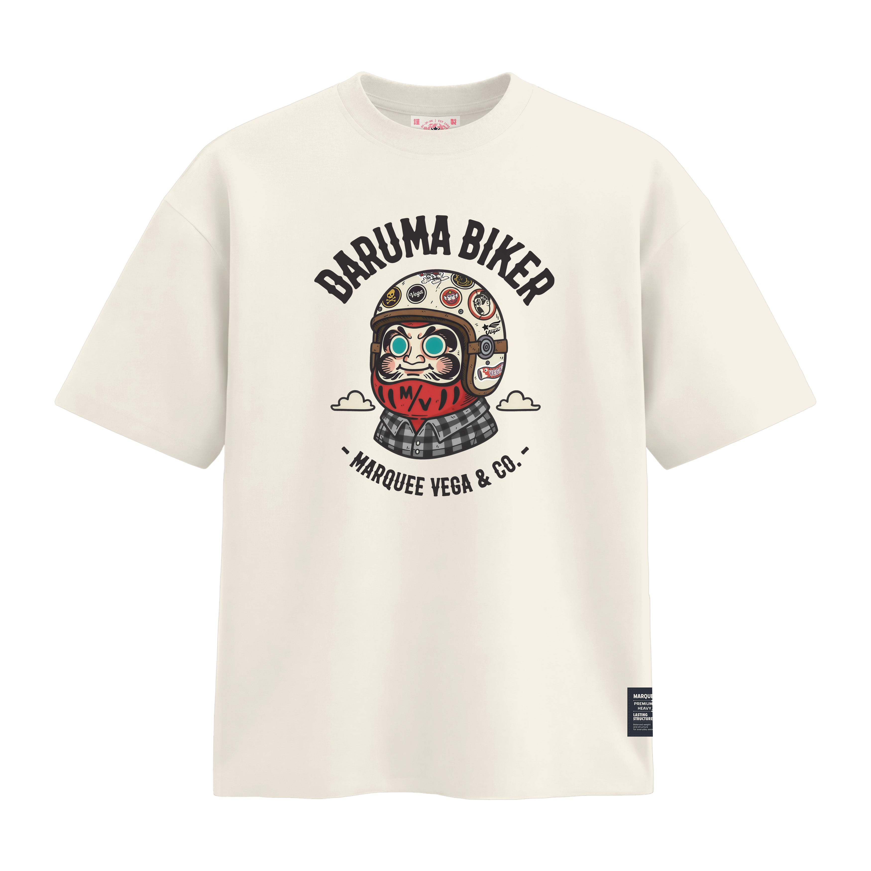 Daruma Biker heavyweight loose fit graphic tee front artwork on Off White by Marquee Vega.