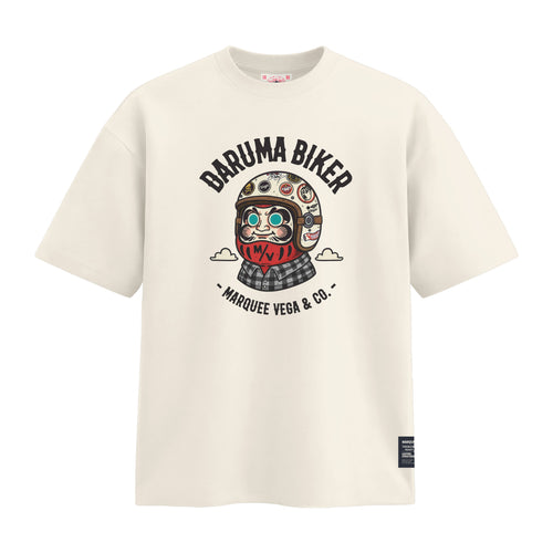 Daruma Biker heavyweight loose fit graphic tee front artwork on Off White by Marquee Vega.
