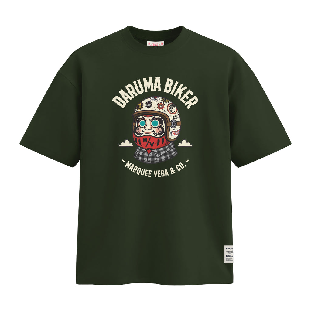 Daruma Biker heavyweight loose fit graphic tee front artwork on Racing Green by Marquee Vega.
