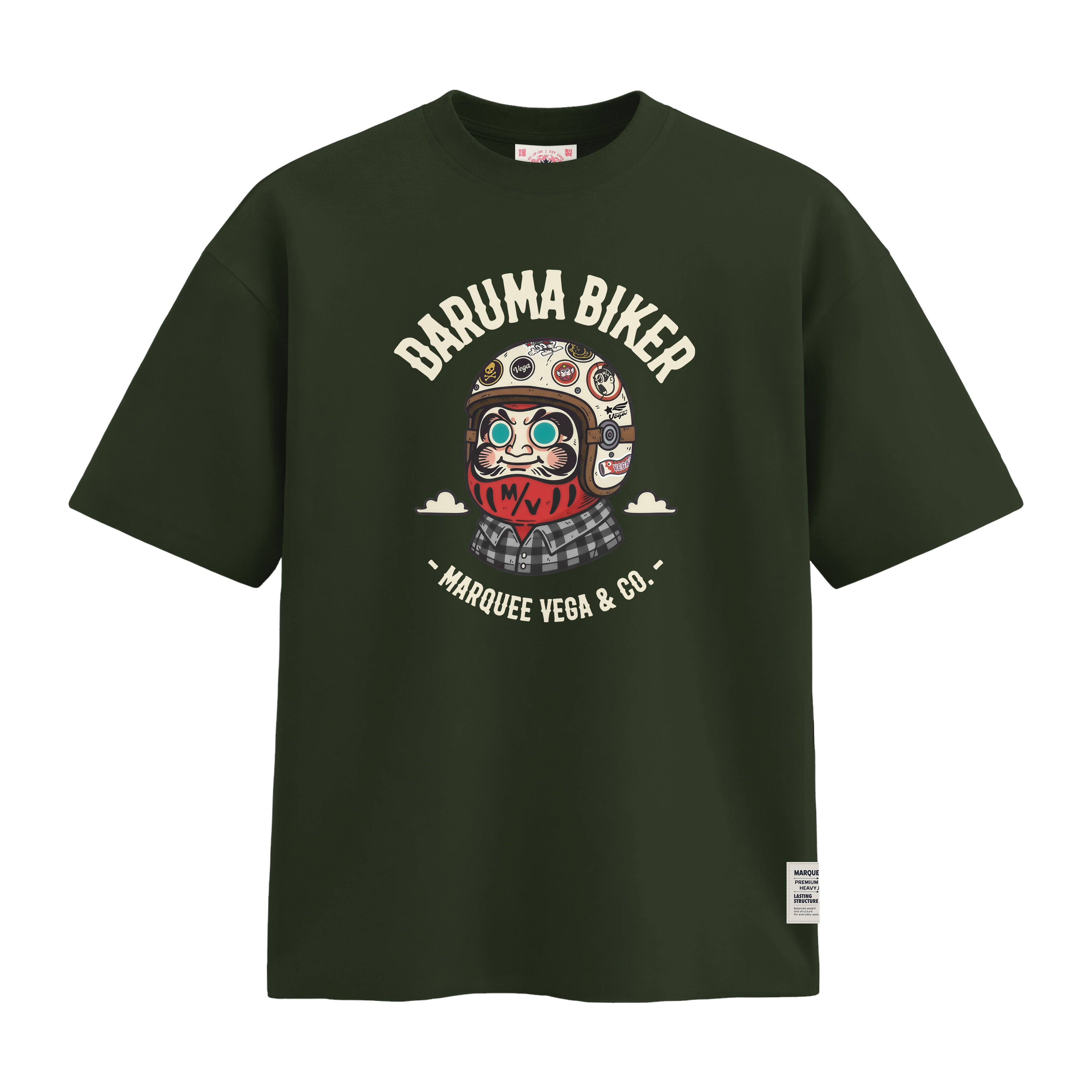 Daruma Biker heavyweight loose fit graphic tee front artwork on Racing Green by Marquee Vega.