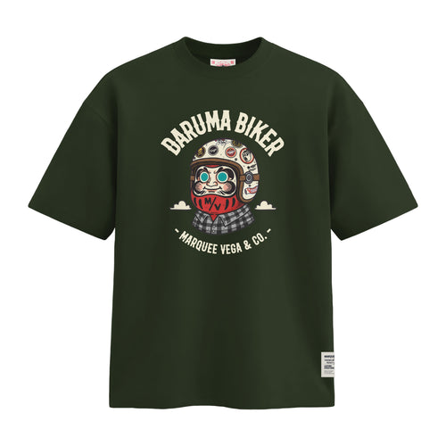 Daruma Biker heavyweight loose fit graphic tee front artwork on Racing Green by Marquee Vega.