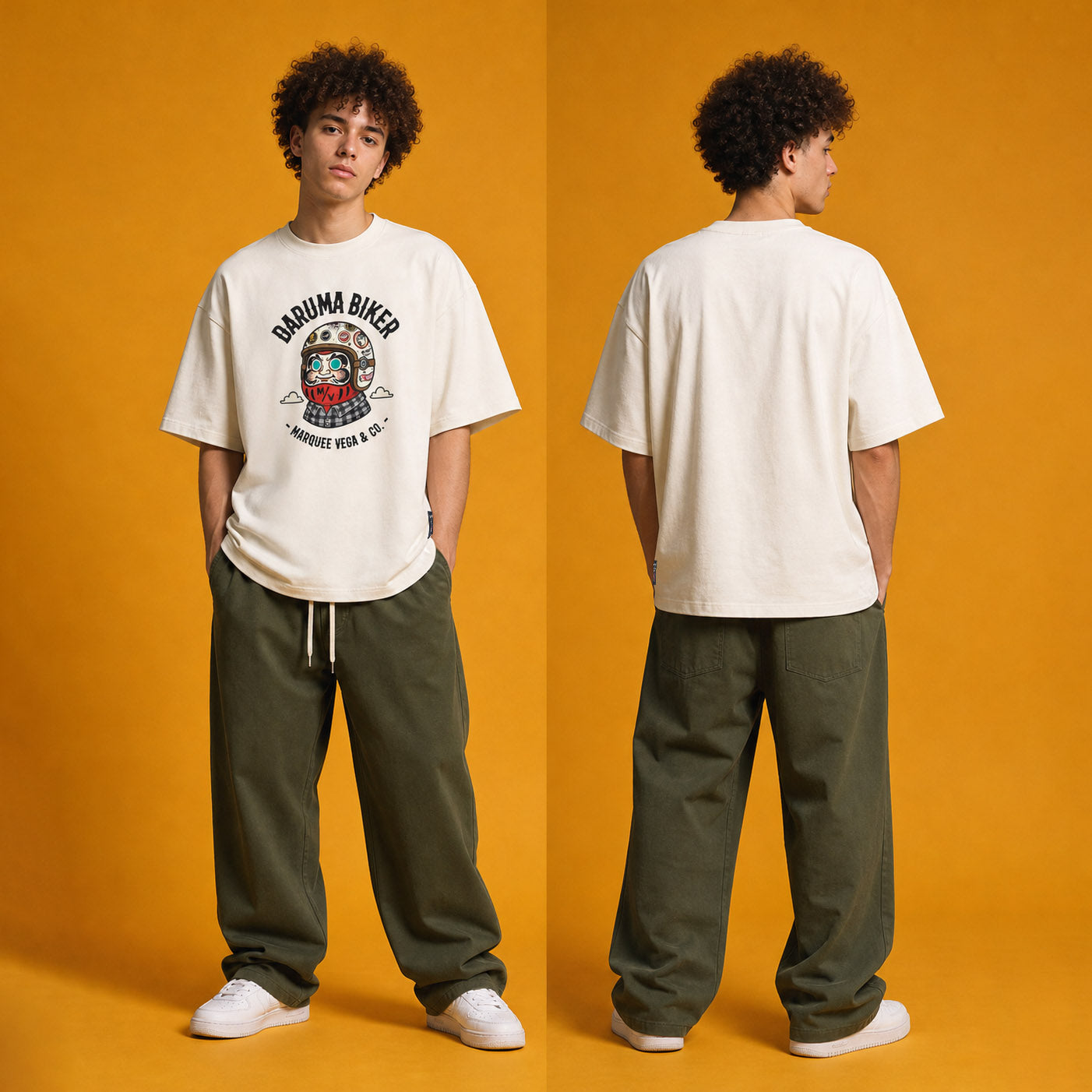 Male model wearing the Daruma Biker heavyweight loose fit graphic tee in Off White, shown front and back.