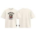 Daruma Biker graphic tee colour preview in Off White, shown front and back.