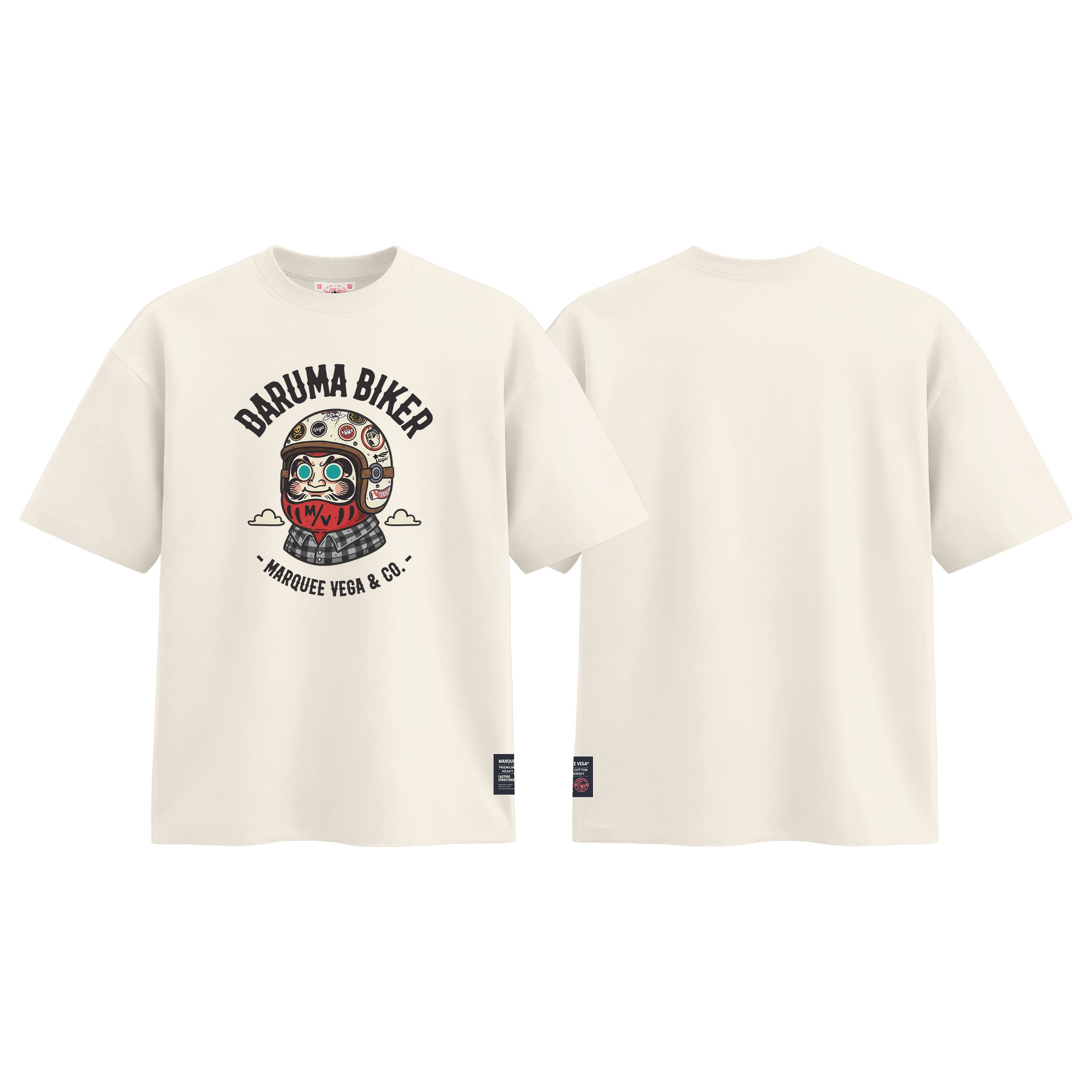 Daruma Biker graphic tee colour preview in Off White, shown front and back.
