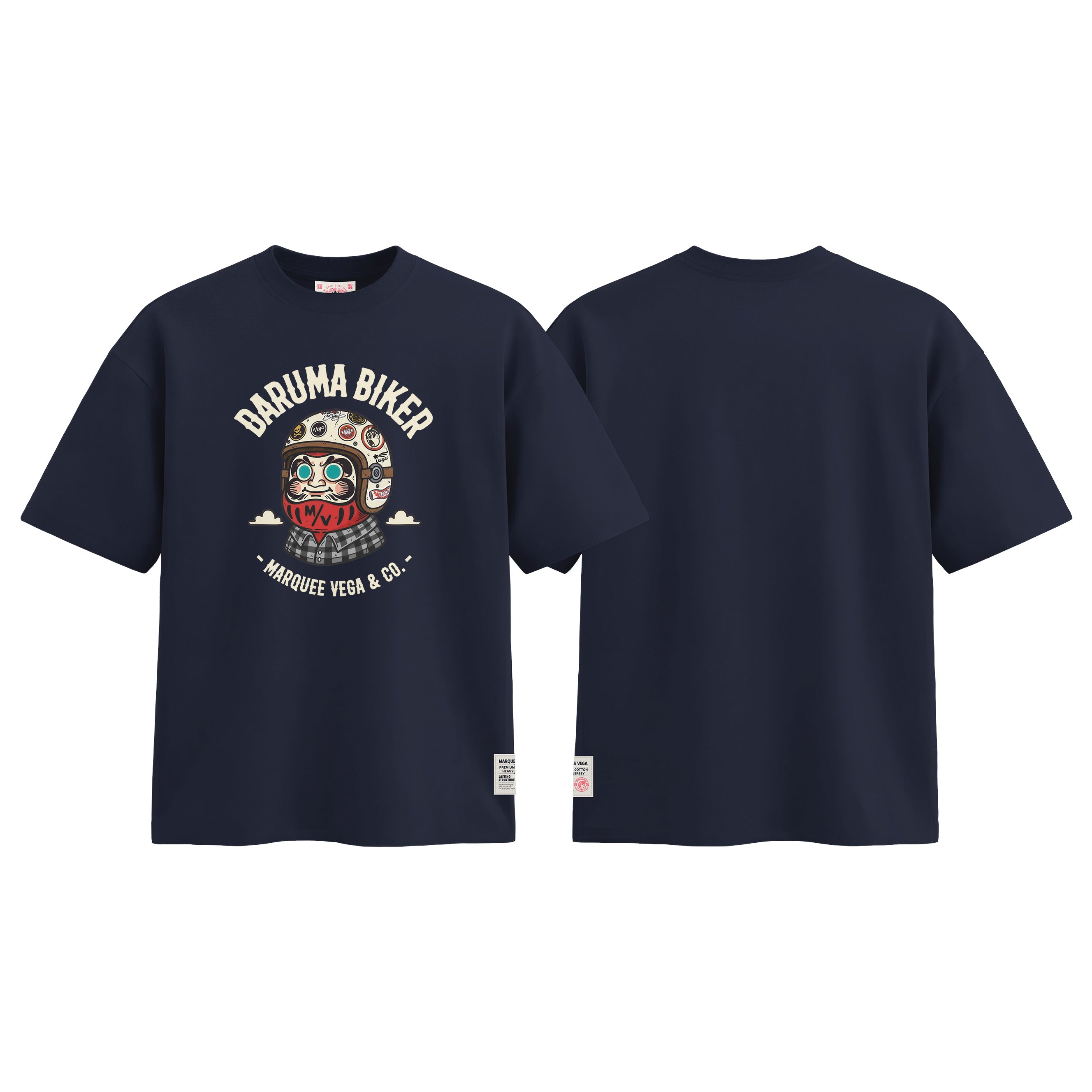 Daruma Biker graphic tee colour preview in Navy Blue, shown front and back.