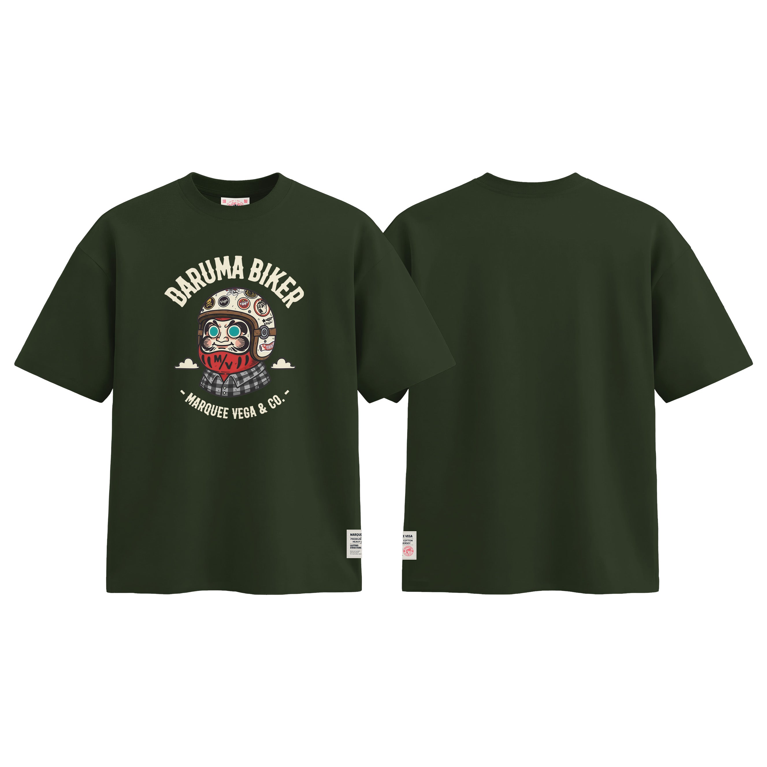 Daruma Biker graphic tee colour preview in Racing Green, shown front and back.