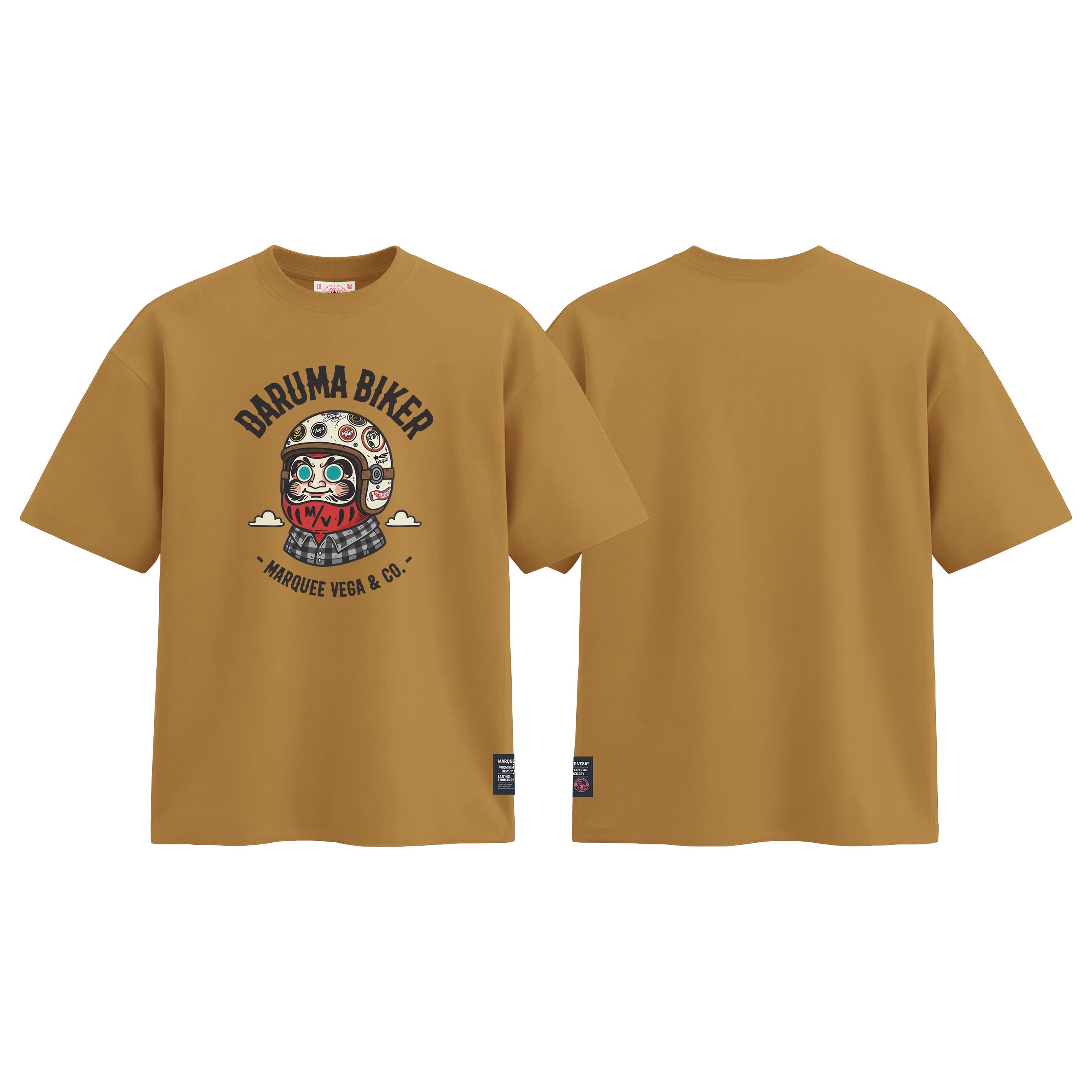 Daruma Biker graphic tee colour preview in Mustard Yellow, shown front and back.