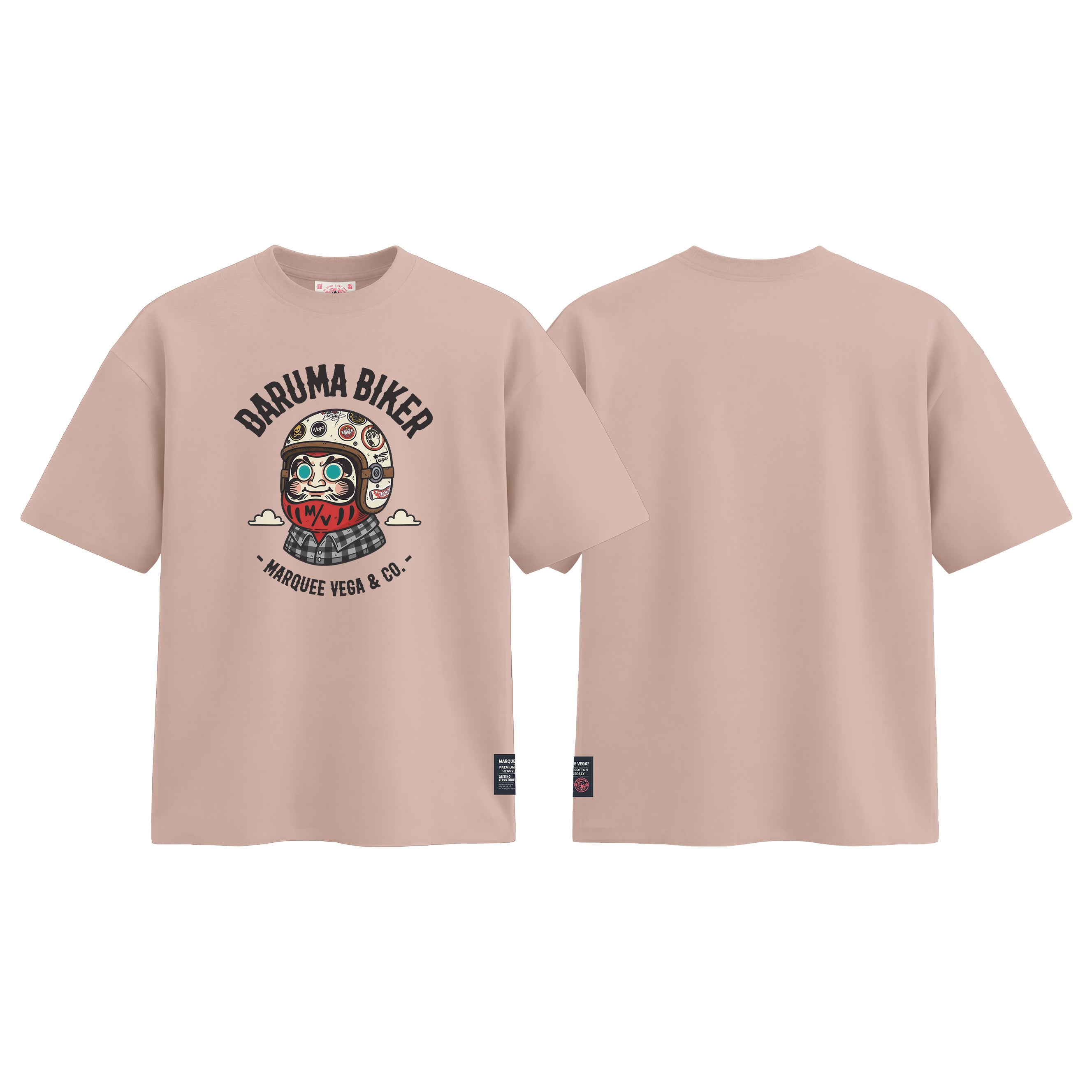 Daruma Biker graphic tee colour preview in Pink, shown front and back.
