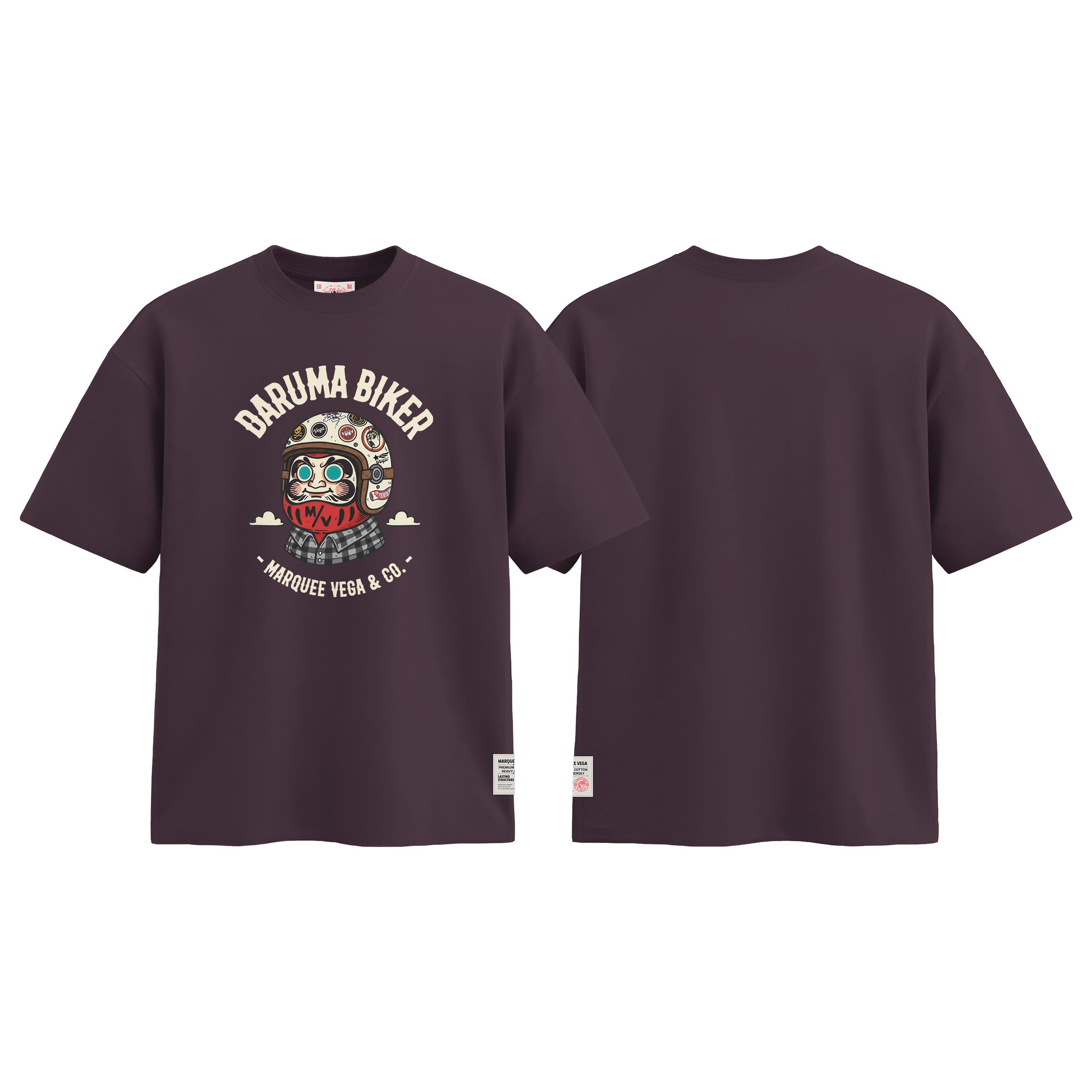 Daruma Biker graphic tee colour preview in Dark Plum, shown front and back.