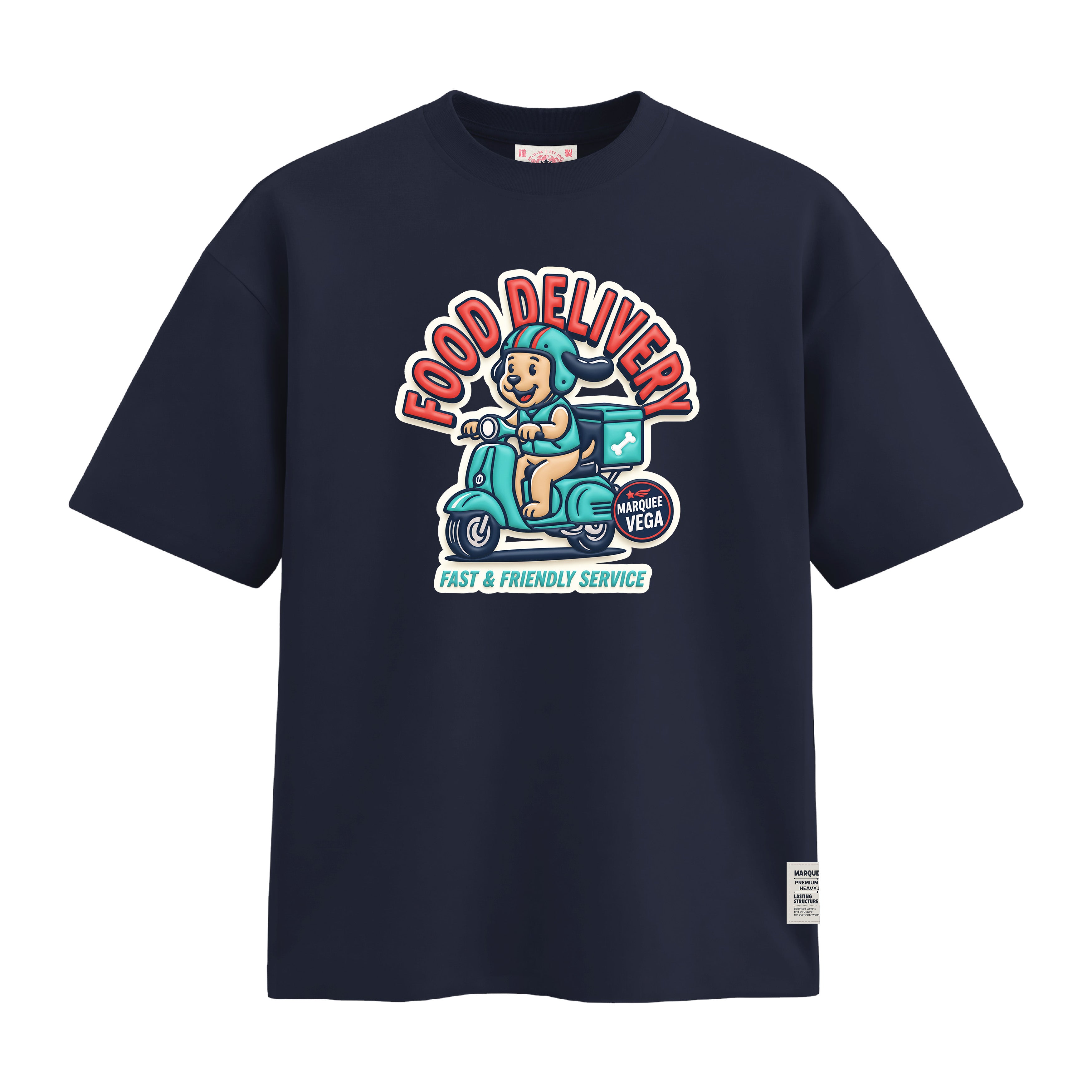 Navy heavyweight loose fit graphic tee with Food Delivery courier dog scooter print by Marquee Vega.