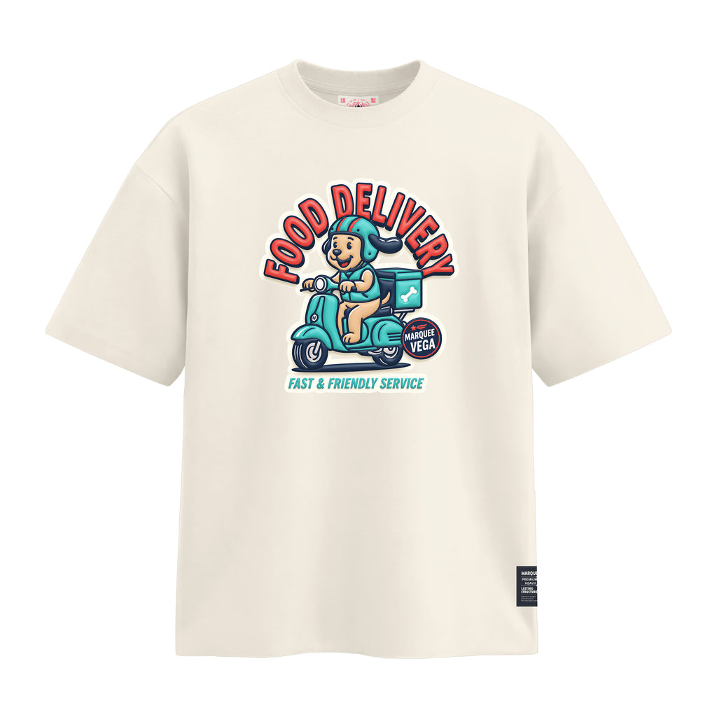 Cream heavyweight loose fit graphic tee with Food Delivery courier dog scooter print by Marquee Vega.