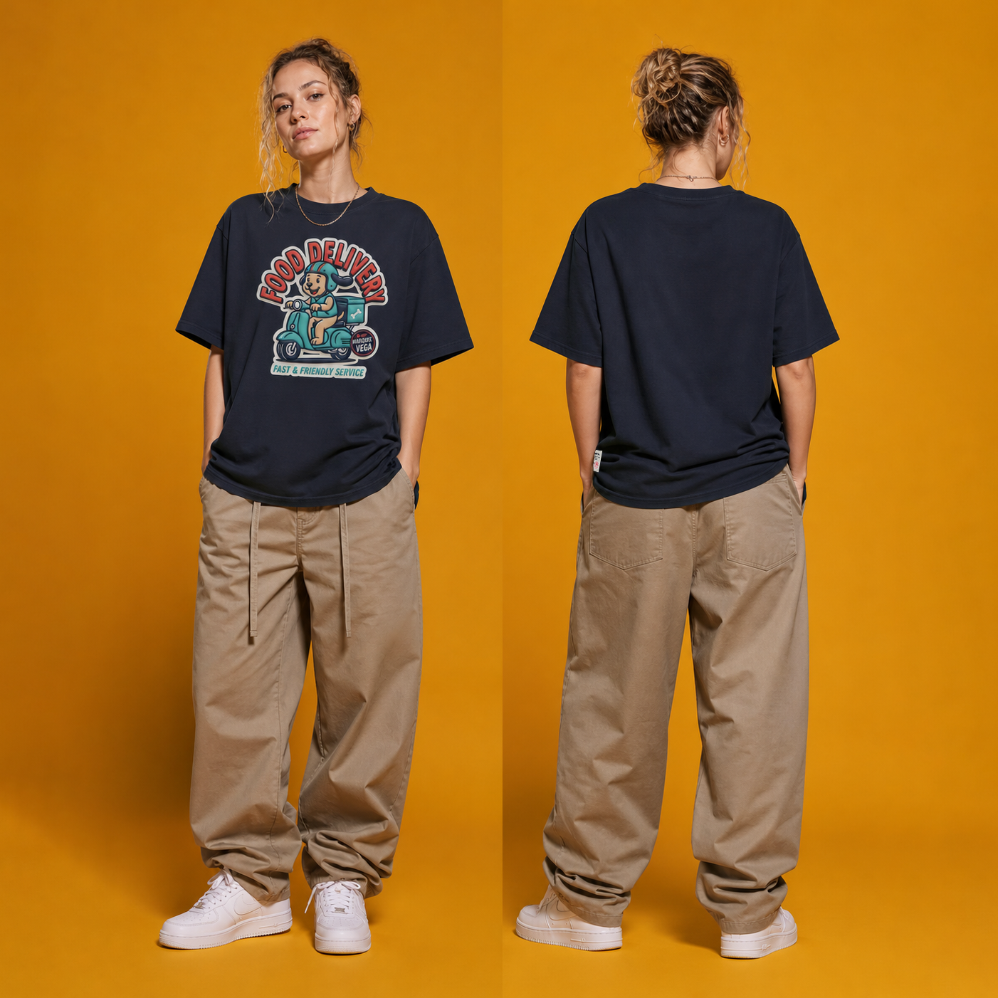 Male model styling demonstration for the Food Delivery graphic tee by Marquee Vega.