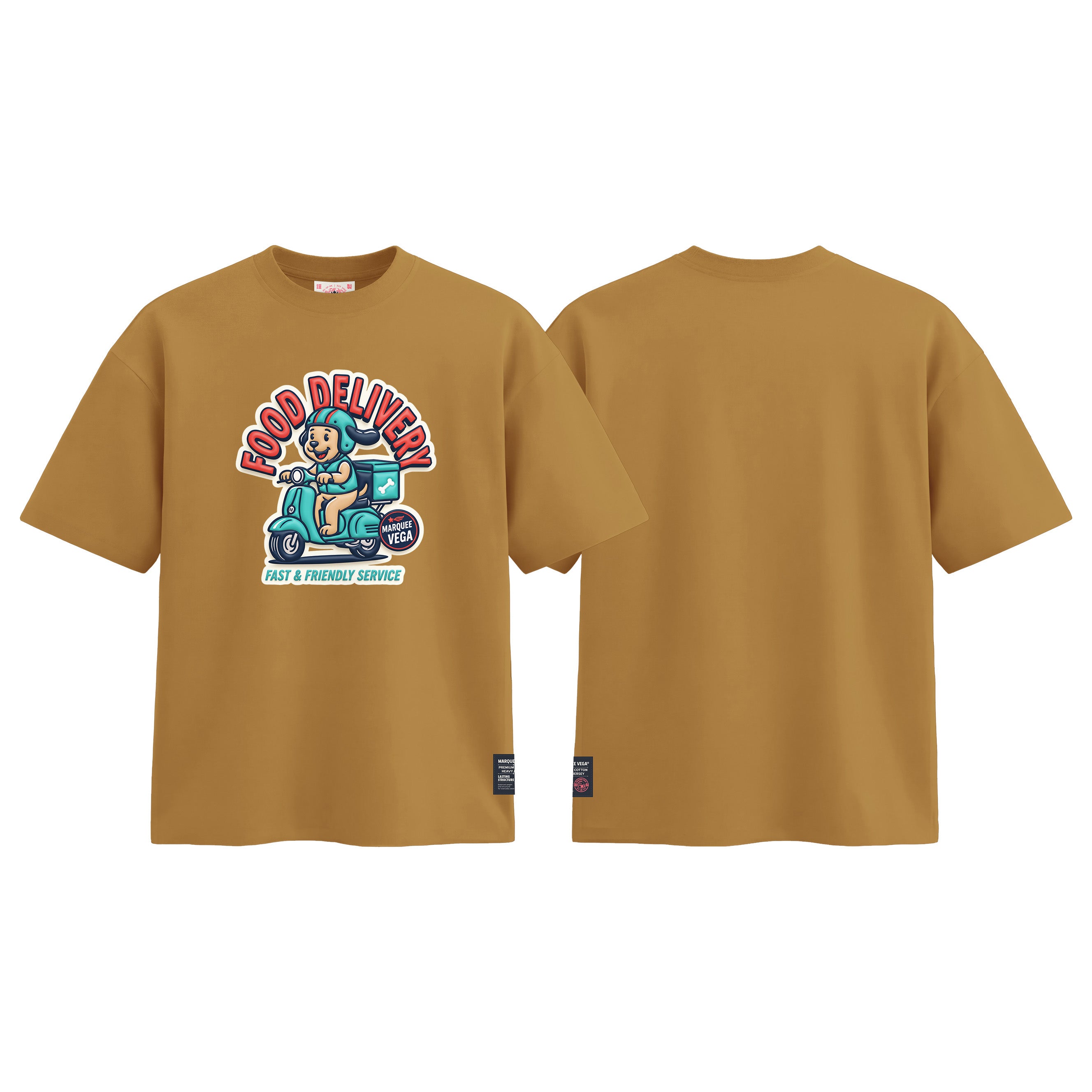Food Delivery - Fast & Friendly Service graphic tee colour preview in Mustard Yellow, shown front and back.