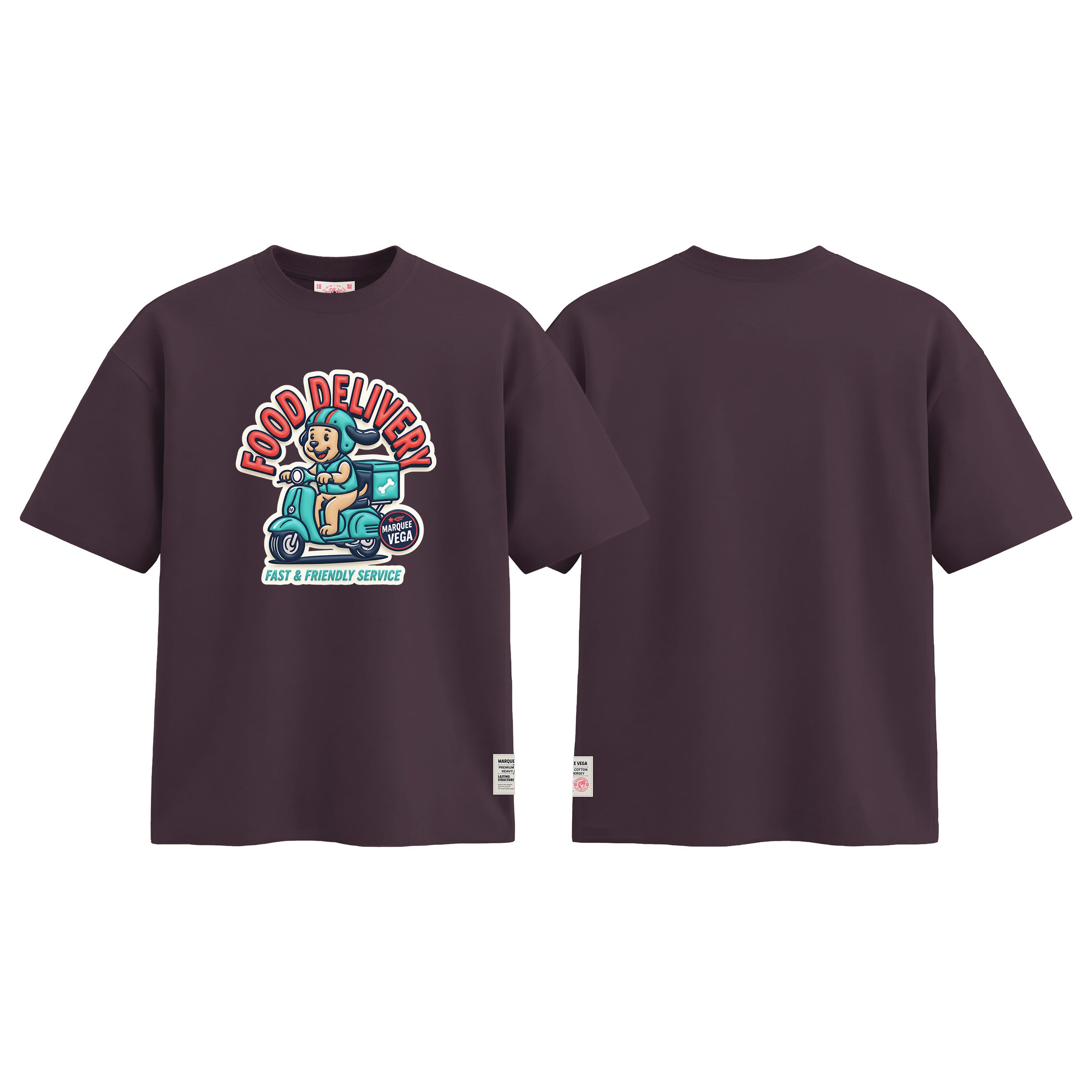 Food Delivery - Fast & Friendly Service graphic tee colour preview in Dark Plum, shown front and back.