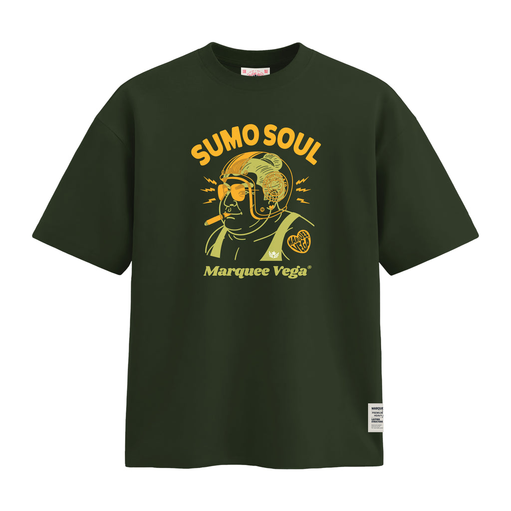 Sumo Soul heavyweight loose fit graphic tee artwork on Racing Green by Marquee Vega.
