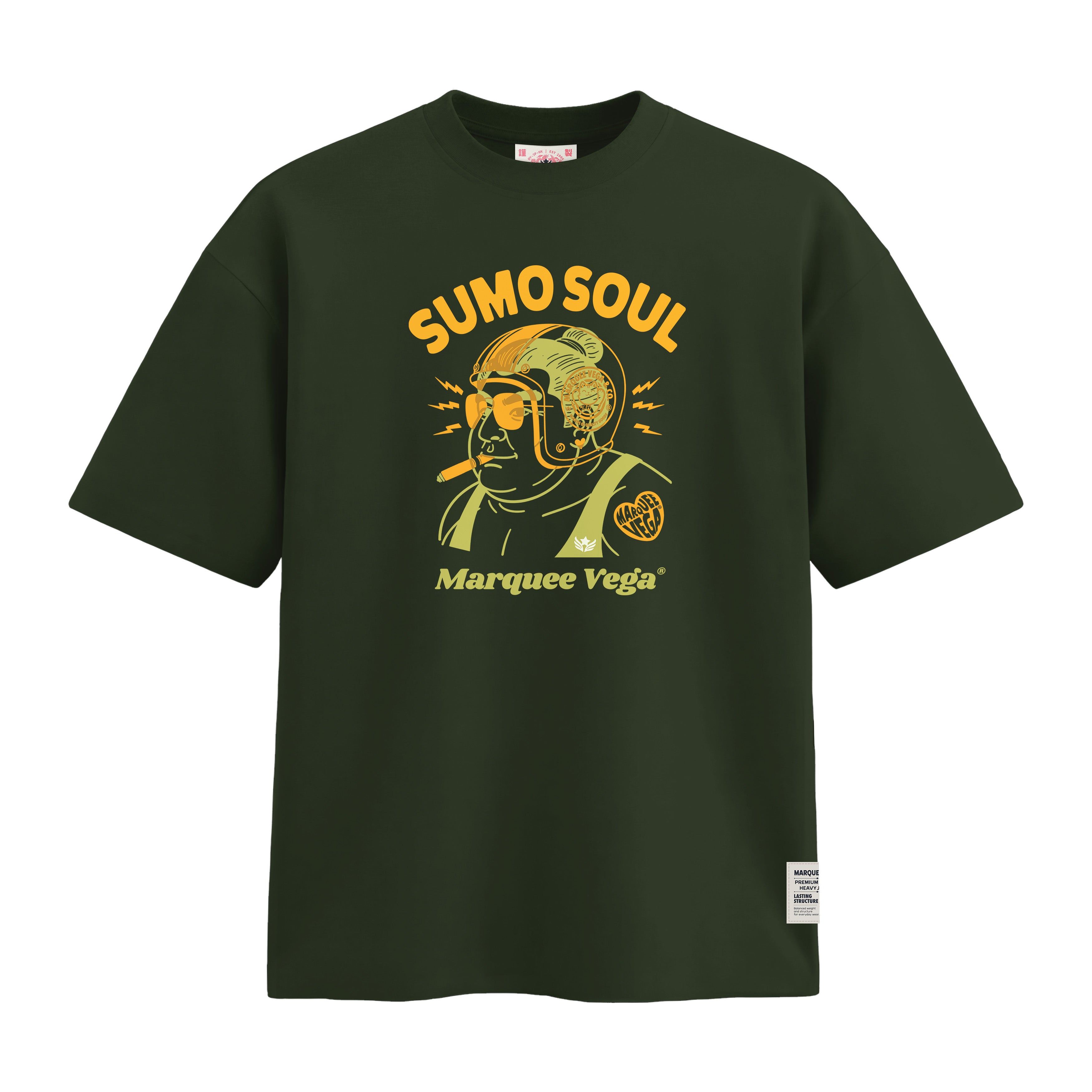 Sumo Soul heavyweight loose fit graphic tee artwork on Racing Green by Marquee Vega.