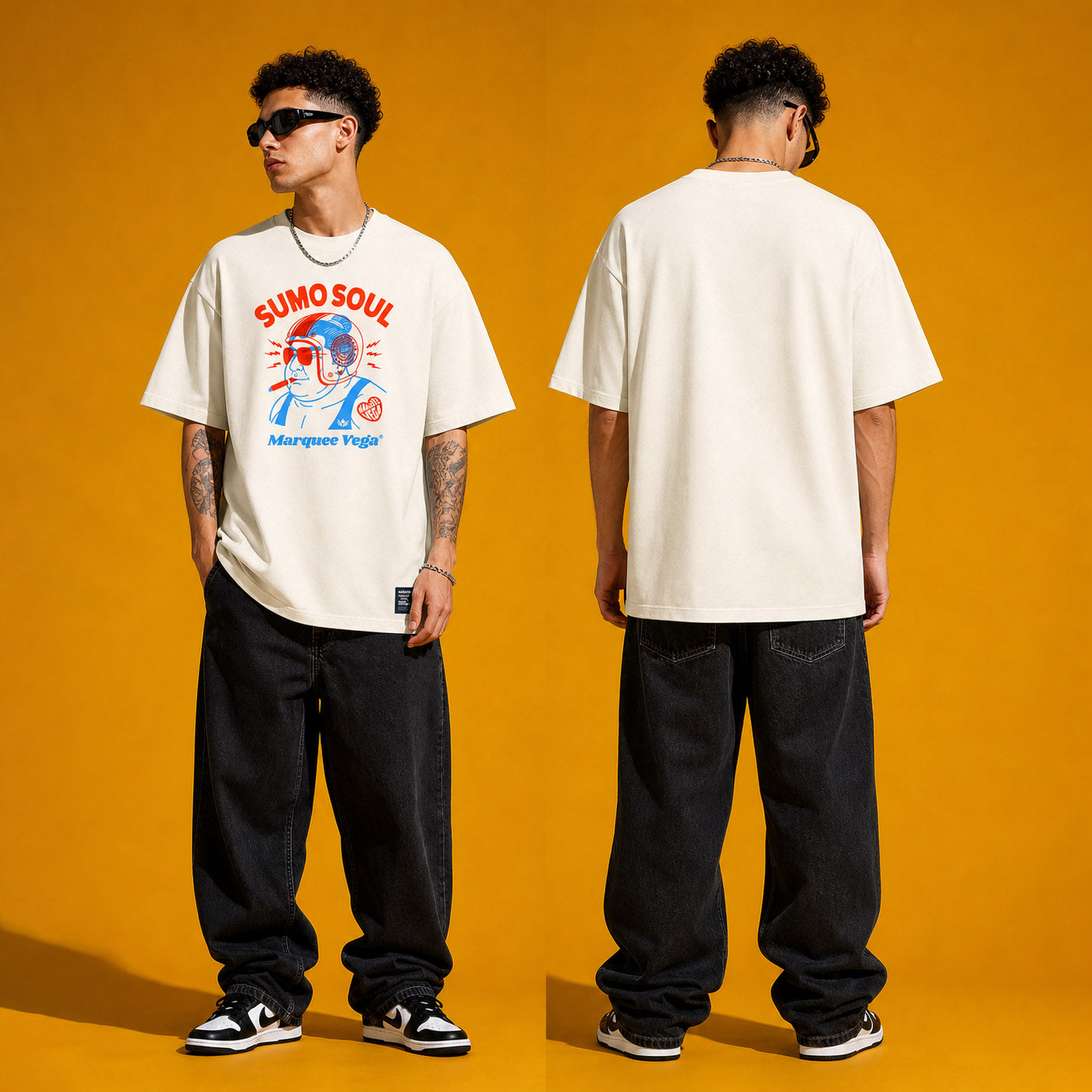 Model wearing the Sumo Soul heavyweight loose fit graphic tee in Off White, shown in styled product photography.