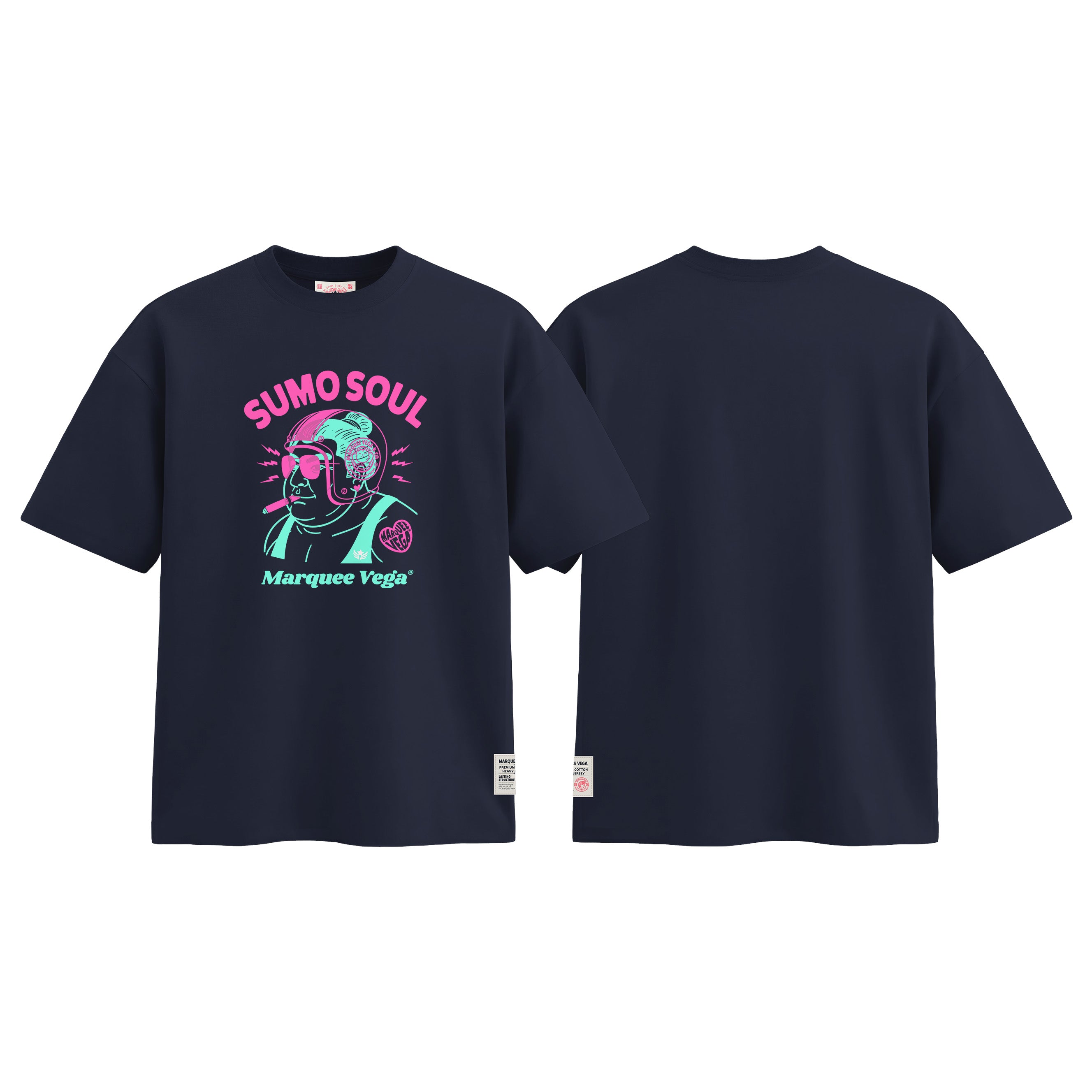 Sumo Rider Soul graphic tee colour preview in Navy Blue, shown front and back.