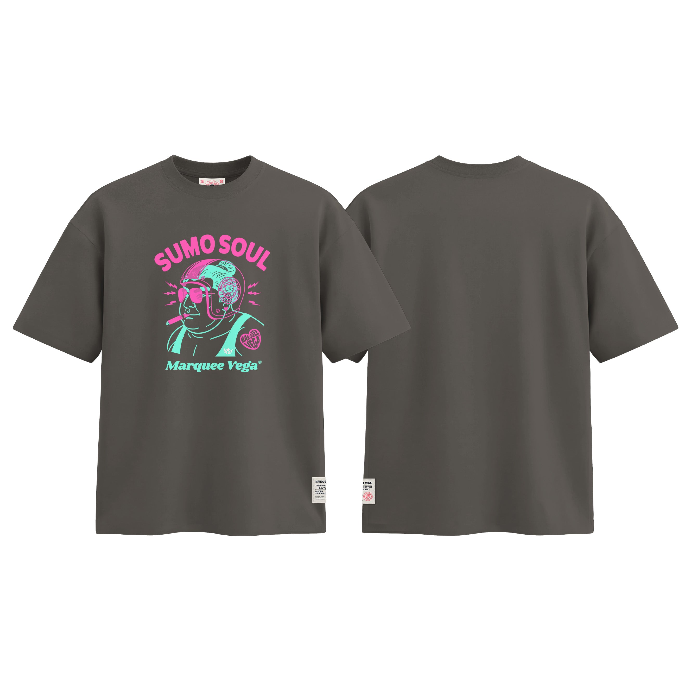 Sumo Rider Soul graphic tee colour preview in Charcoal Grey, shown front and back.