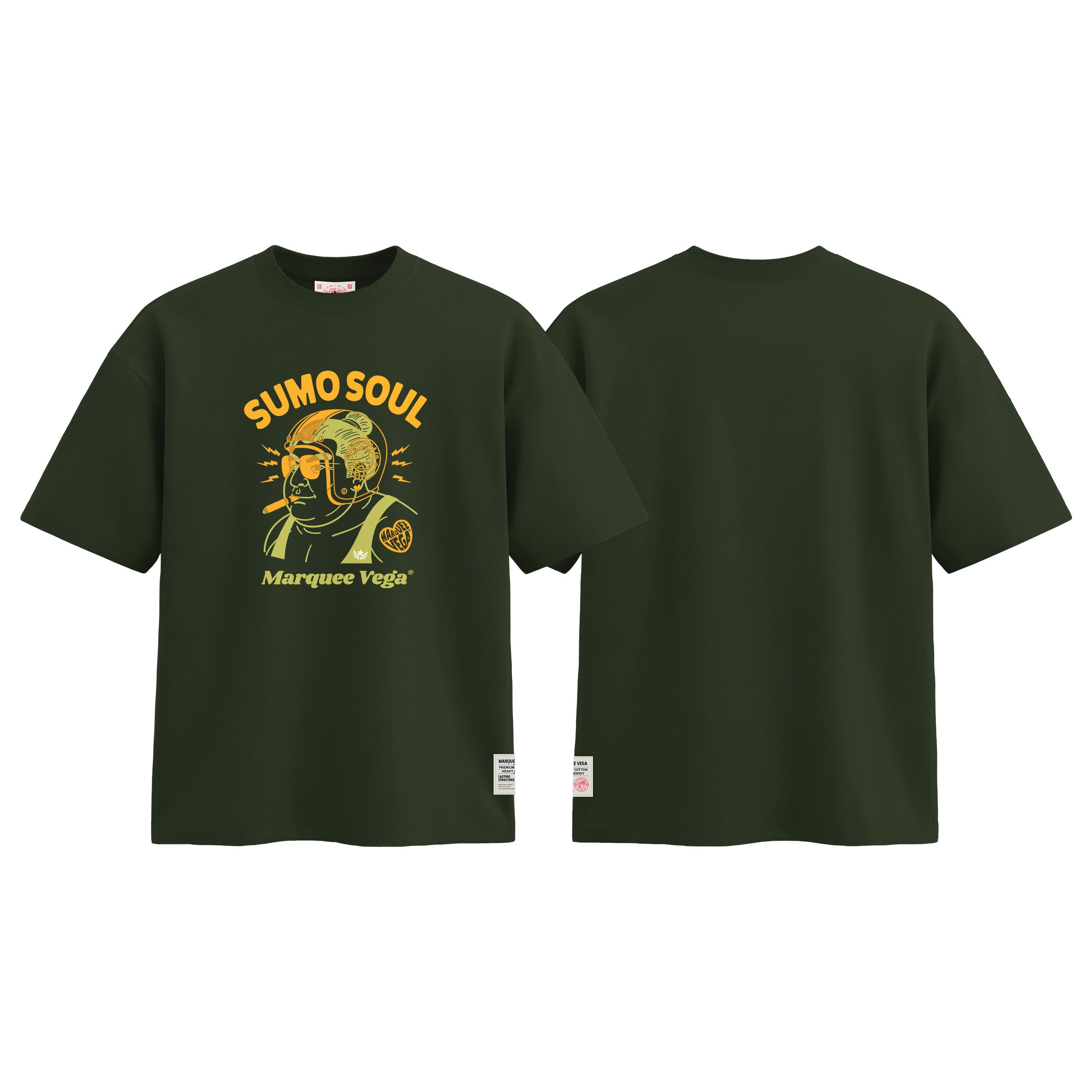 Sumo Rider Soul graphic tee colour preview in Racing Green, shown front and back.
