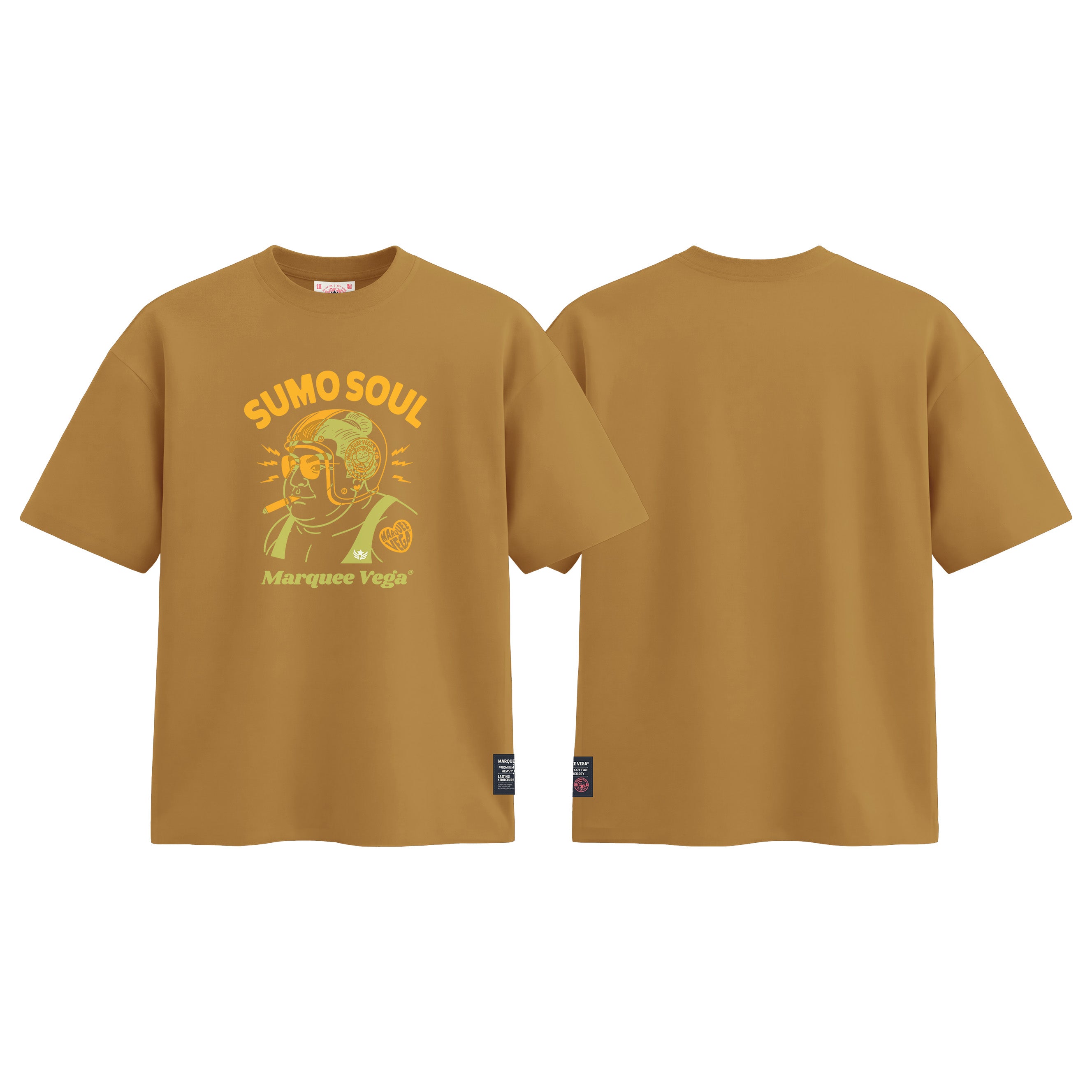 Sumo Rider Soul graphic tee colour preview in Mustard Yellow, shown front and back.