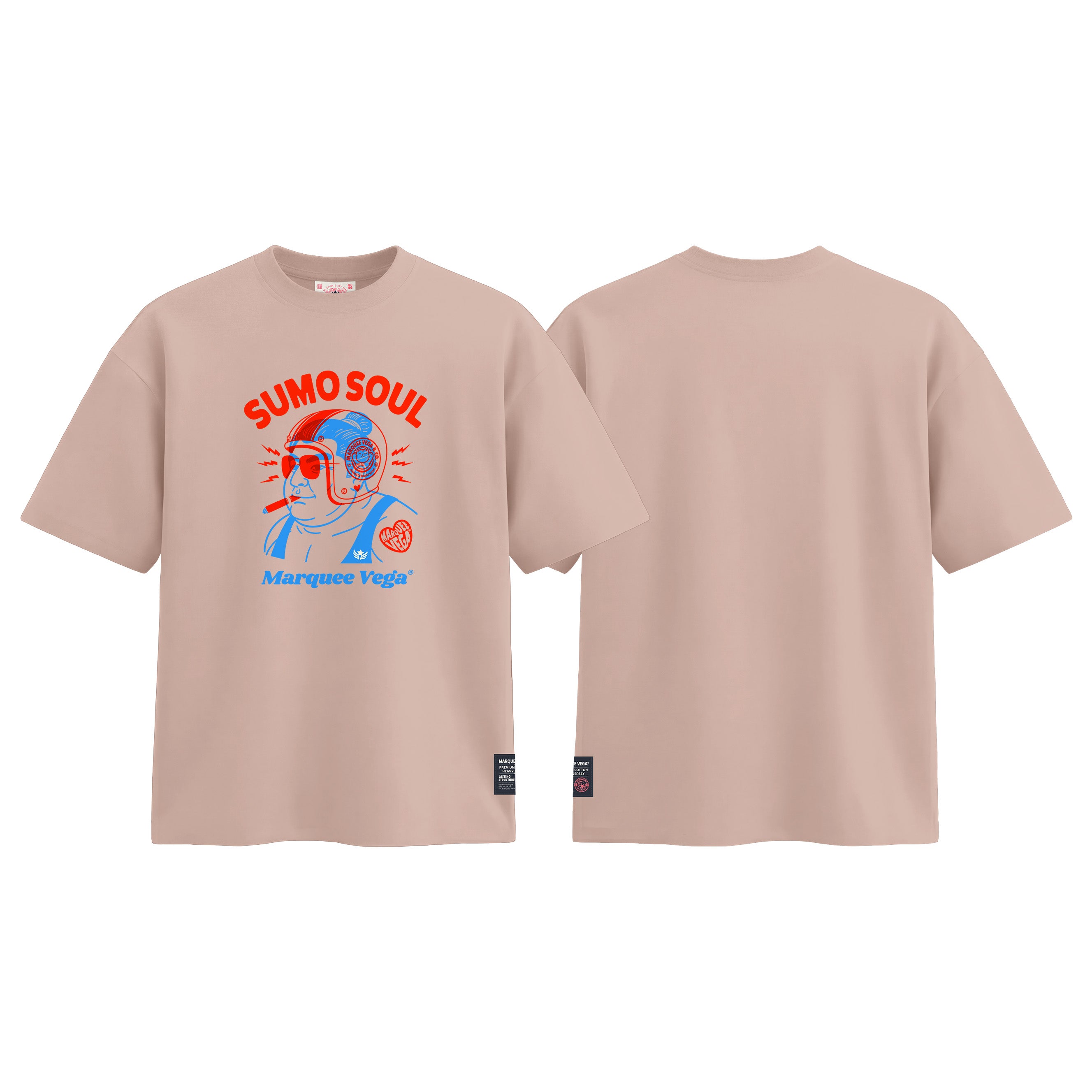 Sumo Rider Soul graphic tee colour preview in Dirty Pink, shown front and back.