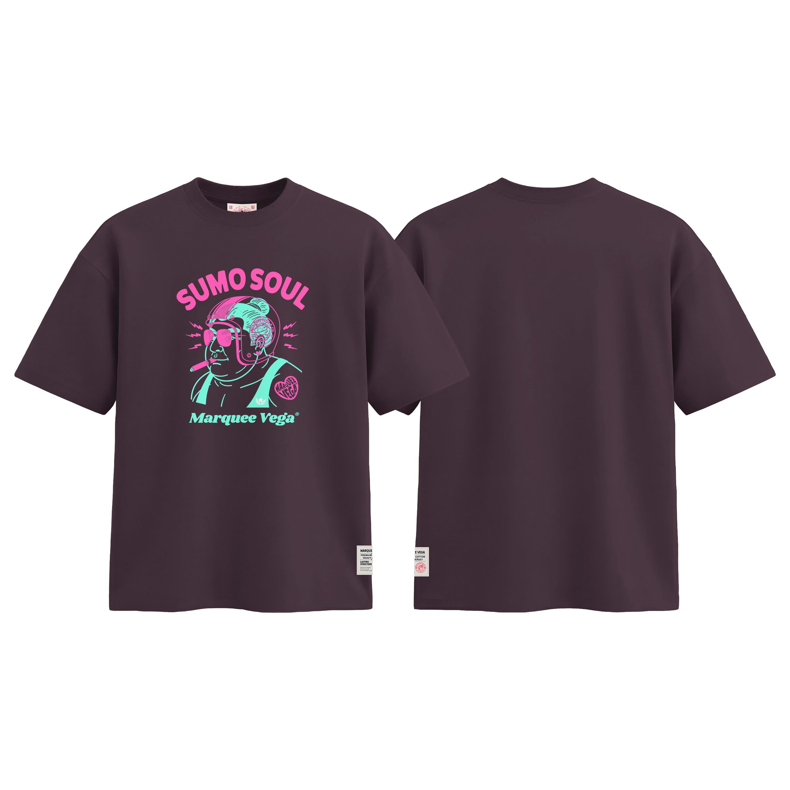Sumo Rider Soul graphic tee colour preview in Dark Plum, shown front and back.