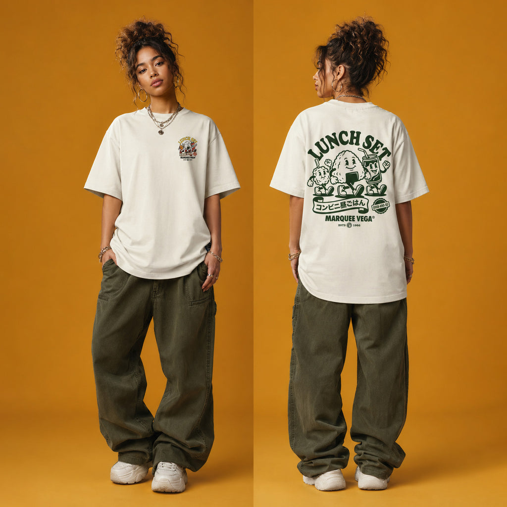 Male model styling demonstration for the Lunch Set - Grab-and-Go graphic tee by Marquee Vega.