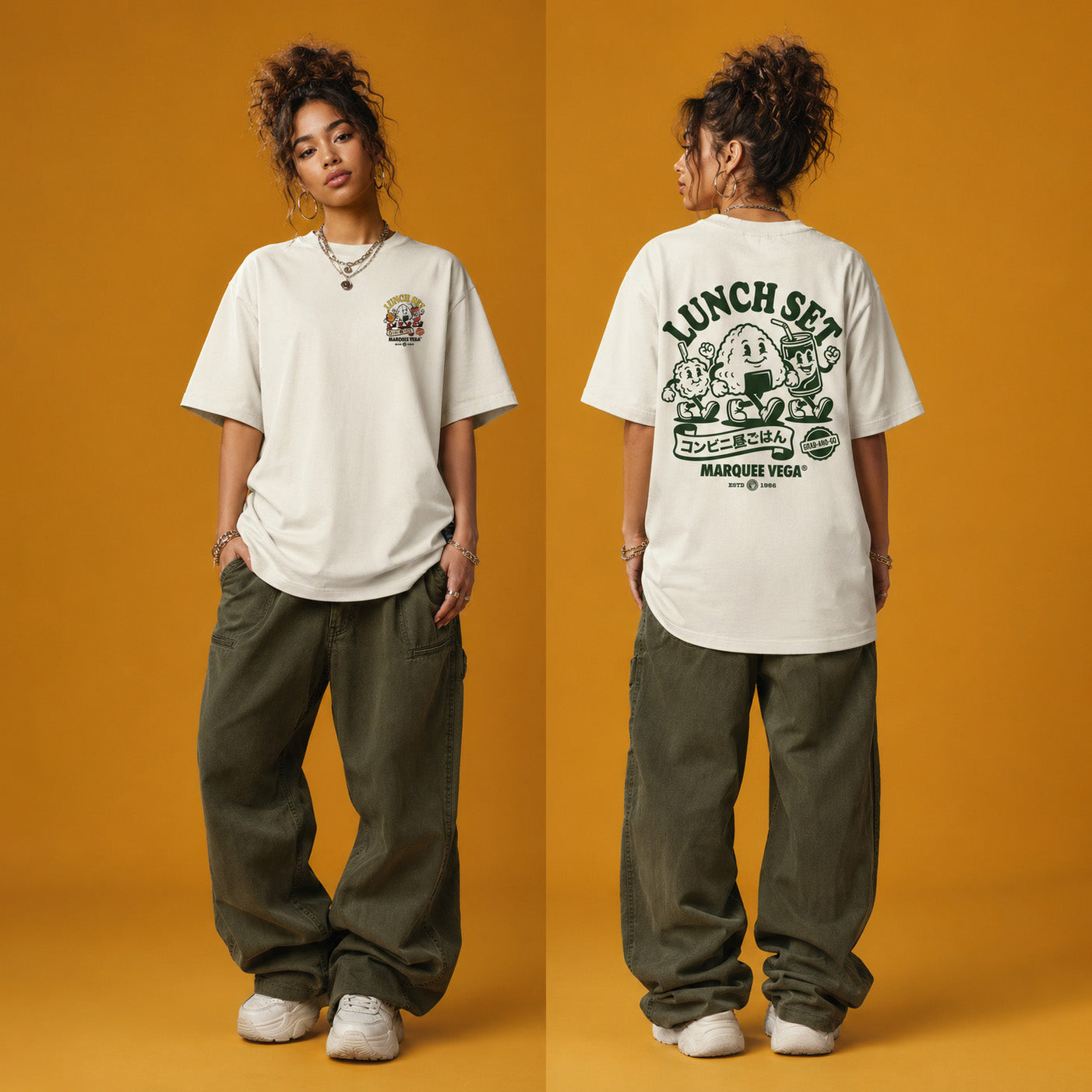 Male model styling demonstration for the Lunch Set - Grab-and-Go graphic tee by Marquee Vega.